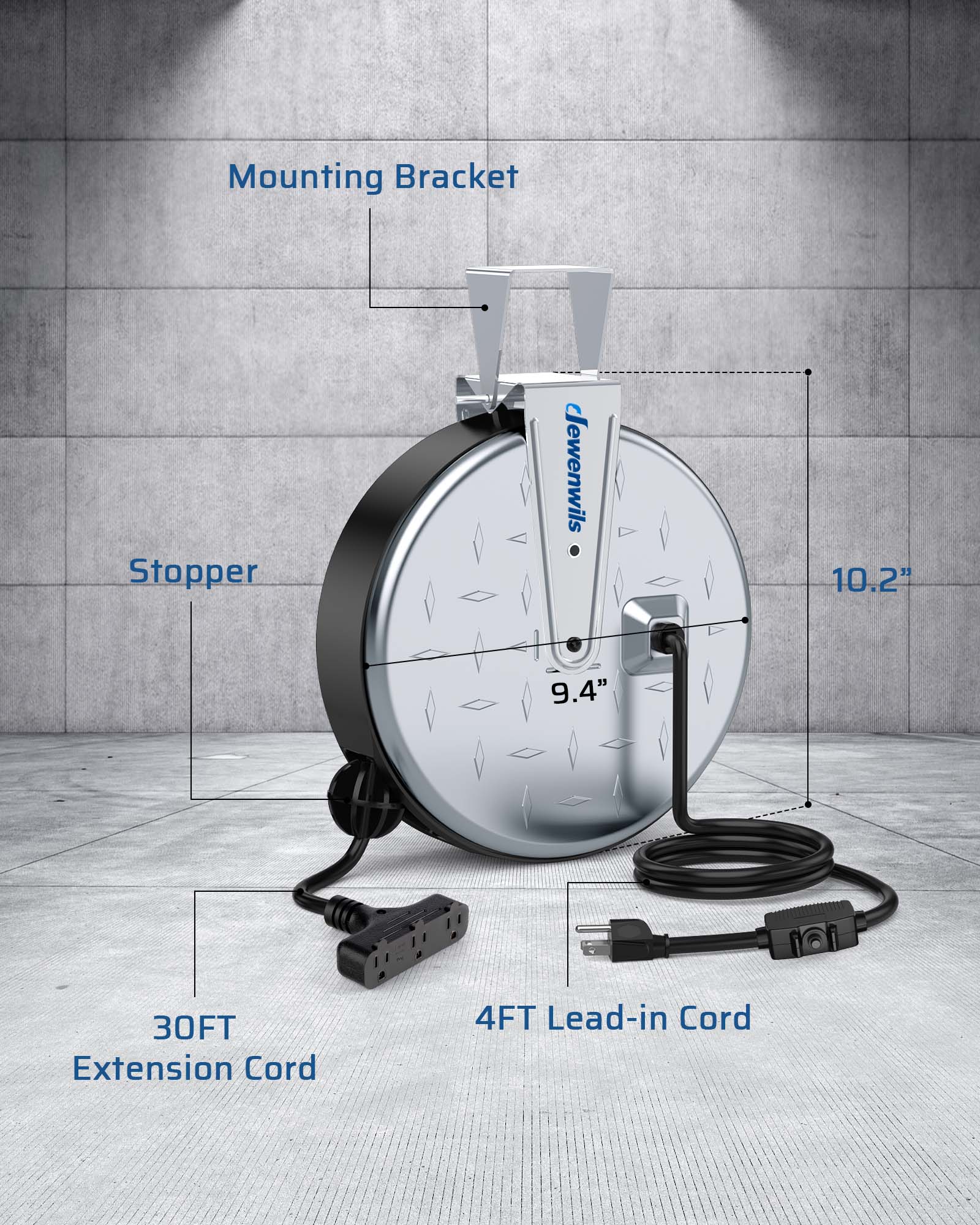 30ft Retractable Extension Cord Reel: Includes a 4ft lead-in cord, adjustable stopper, and mounting bracket. Compact 10.2" design for easy ceiling or wall install.