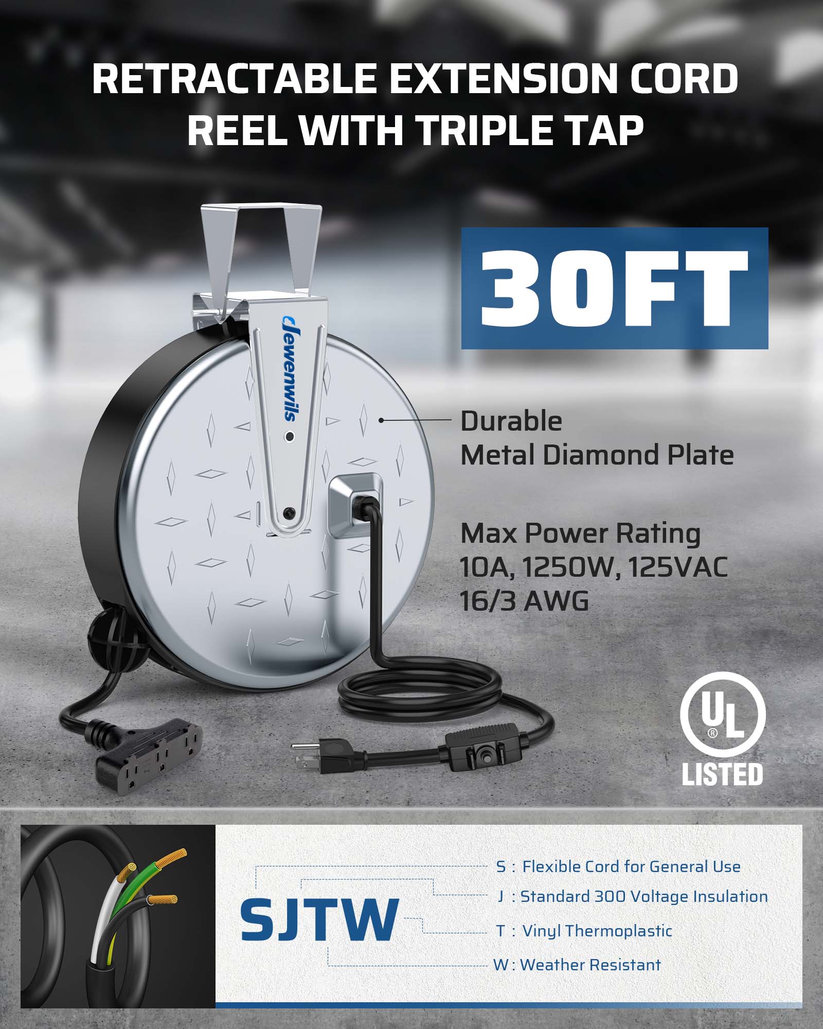 30ft Retractable Extension Cord Reel: Features a triple tap and 16/3 AWG cord. Durable metal diamond plate design supports 10A/1250W/125VAC for heavy-duty use.