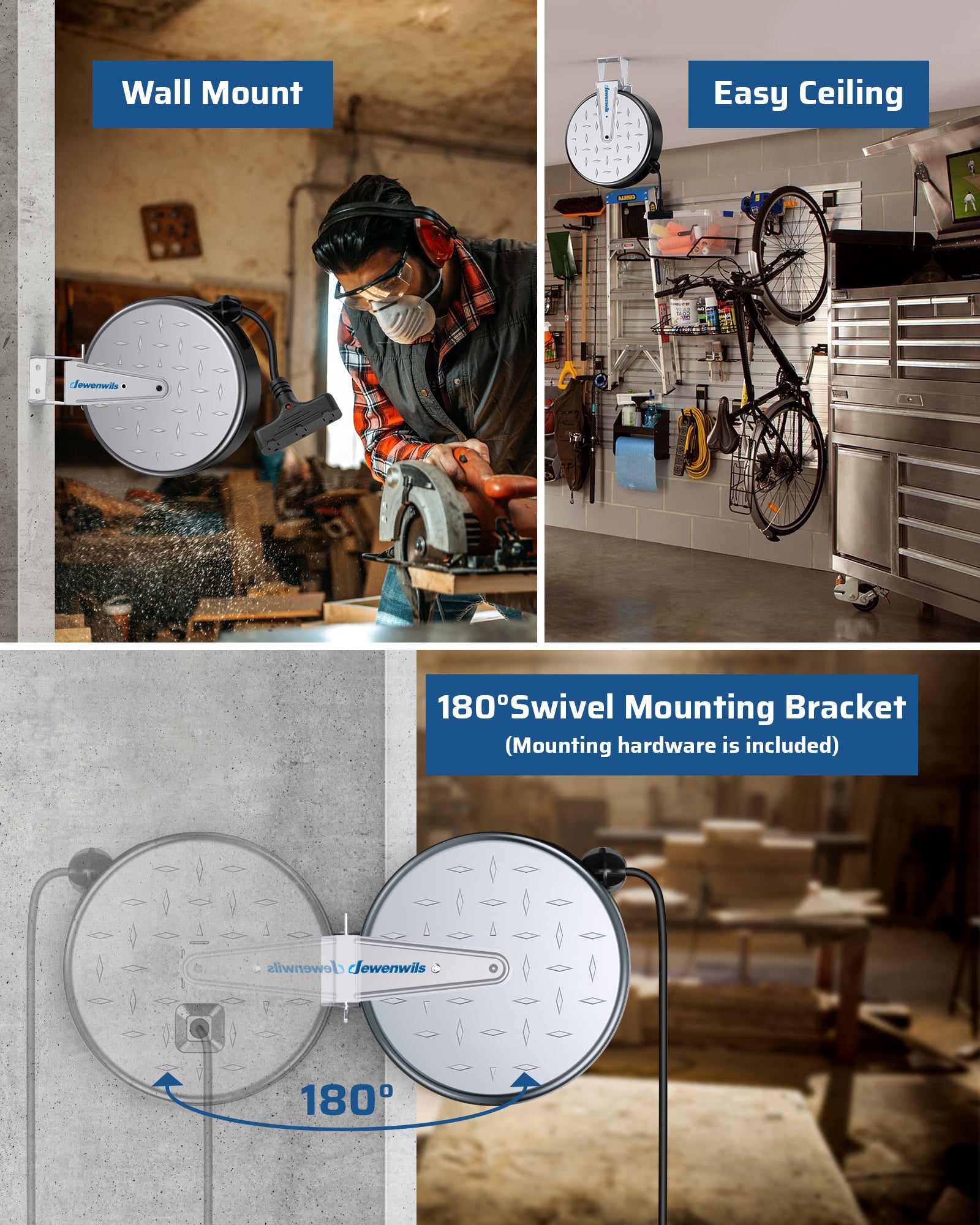 30ft Retractable Extension Cord Reel: Features a 180° swivel mounting bracket for easy wall or ceiling installation. Includes all necessary hardware for setup.