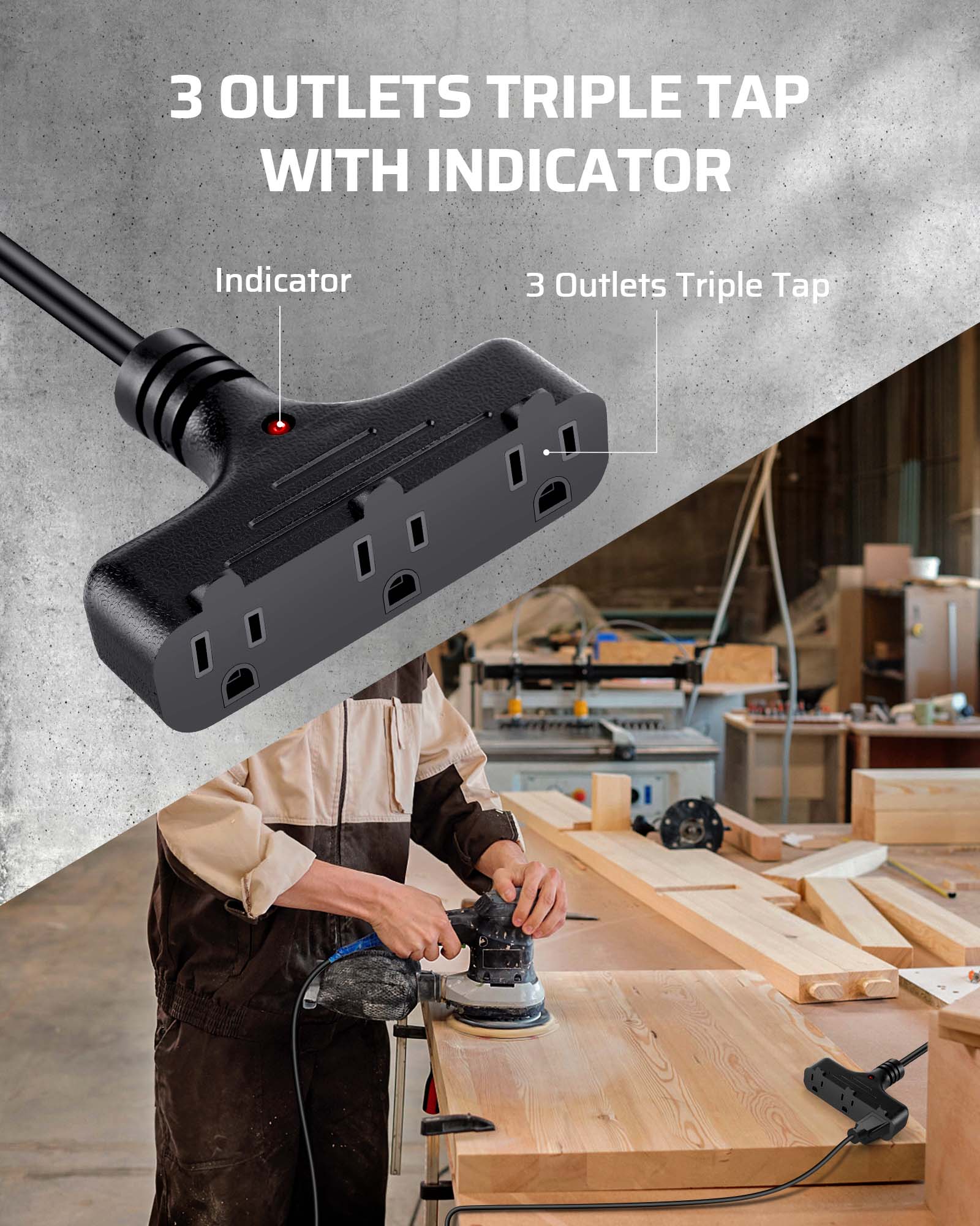 30ft Retractable Extension Cord Reel: Features a 3-outlet triple tap with a built-in power indicator light, providing clear visibility and easy multi-device use.