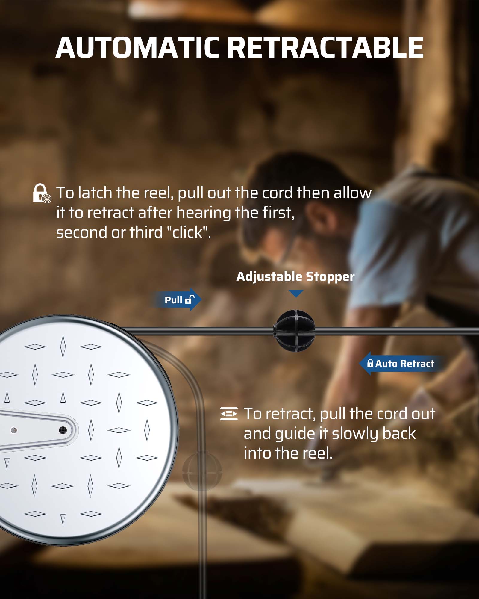 30ft Retractable Extension Cord Reel: Features a smooth auto-retract system with an adjustable stopper. Latch by clicking or pull and guide back for easy storage.