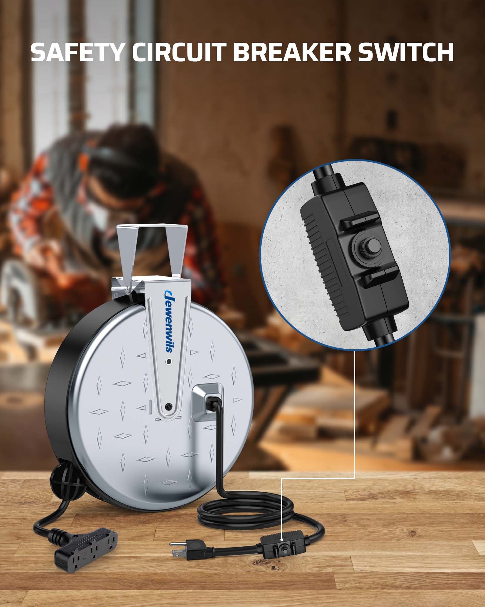 30ft Retractable Extension Cord Reel: Built-in 10A circuit breaker protects against overloads and shorts. Simply press the reset button to restore power.