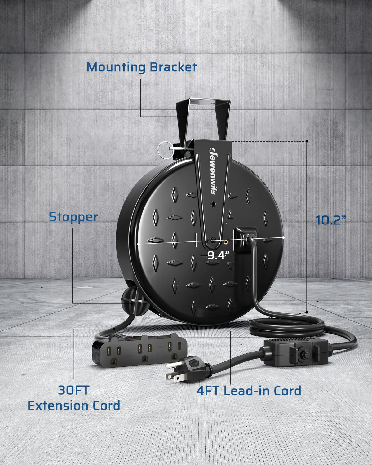 DEWENWILS 30 Ft Retractable Extension Cord Reel, Ceiling/Wall Mount 16/3 Gauge SJTW Power Cord with 3 Electrical Outlets Pigtail for Garage and Shop, 10 Amp Circuit Breaker, Metal Plate-HCRC30N