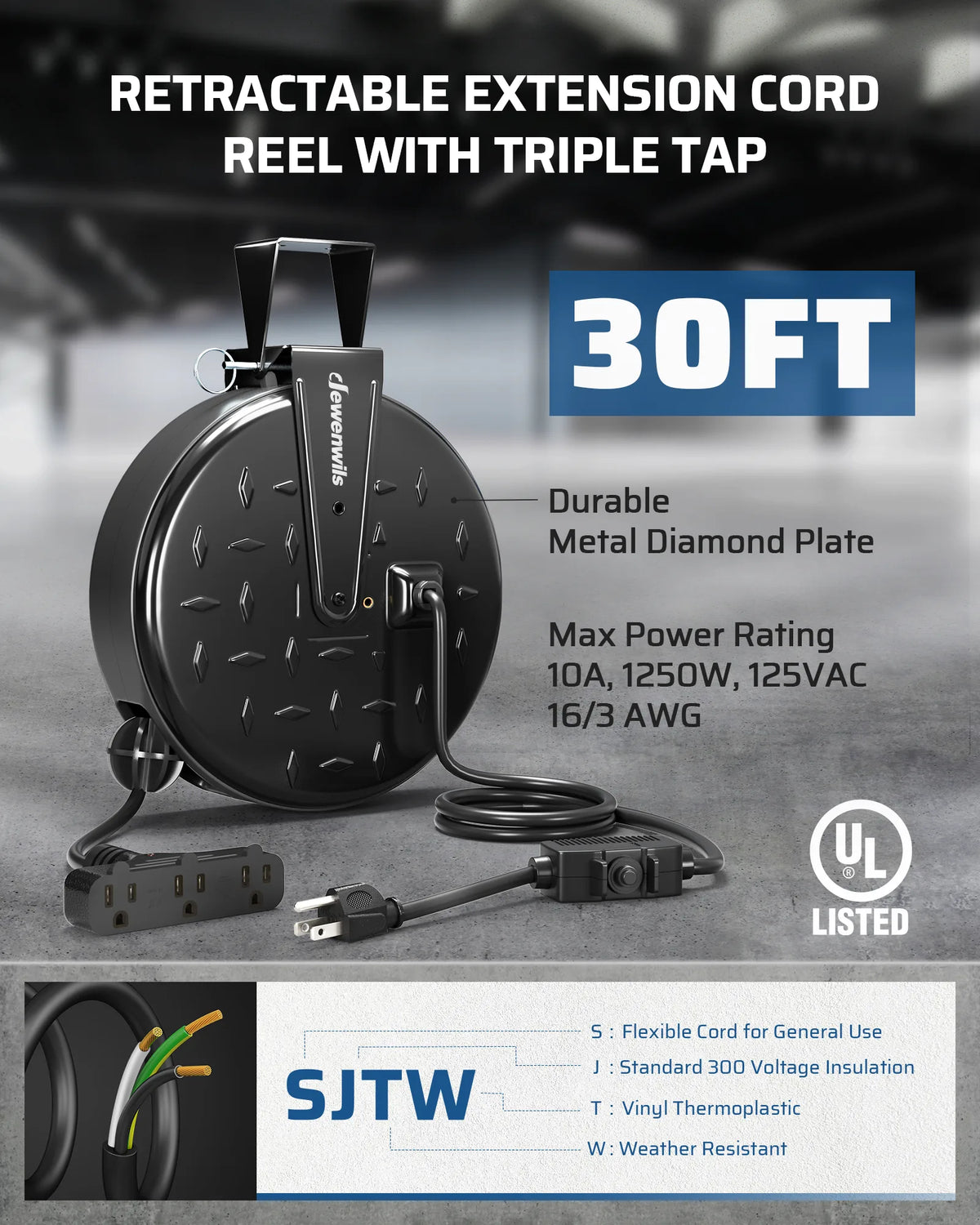 DEWENWILS 30 Ft Retractable Extension Cord Reel, Ceiling/Wall Mount 16/3 Gauge SJTW Power Cord with 3 Electrical Outlets Pigtail for Garage and Shop, 10 Amp Circuit Breaker, Metal Plate-HCRC30N