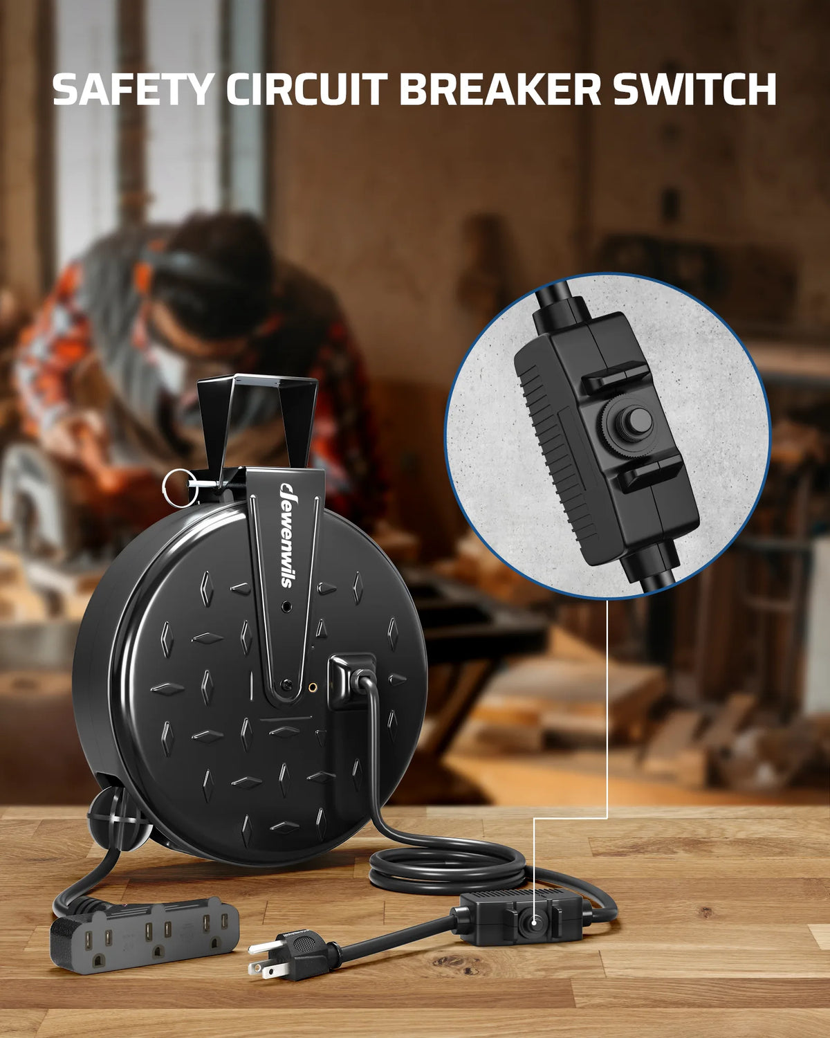 DEWENWILS 30 Ft Retractable Extension Cord Reel, Ceiling/Wall Mount 16/3 Gauge SJTW Power Cord with 3 Electrical Outlets Pigtail for Garage and Shop, 10 Amp Circuit Breaker, Metal Plate-HCRC30N
