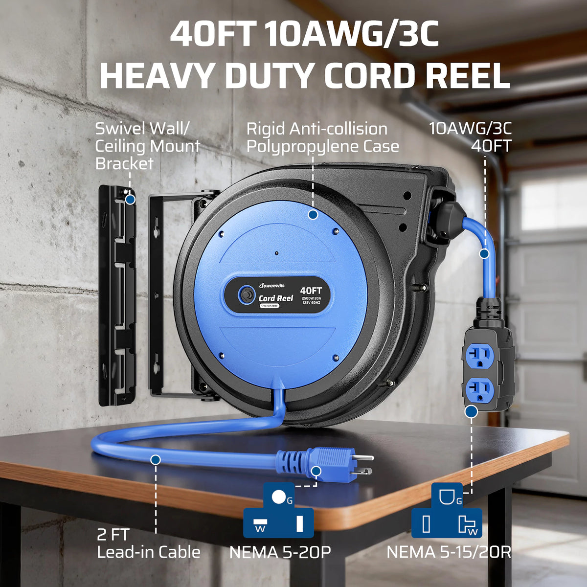 DEWENWILS 20 Amp Retractable Extension Cord Reel, 40FT 10AWG SJTOW Heavy Duty Extension Cord, Auto-Rewind No-Tangle, Circuit Breaker, 4 Outlets for Garage Shop, 2500W - HCRD40D-HCRD40F -HCRD40K - HCRD40E - HCRD40B - HCRD40S