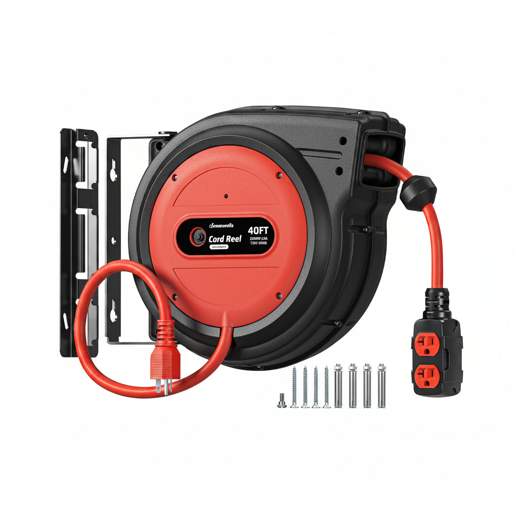 DEWENWILS 20 Amp Retractable Extension Cord Reel, 40FT 10AWG SJTOW Heavy Duty Extension Cord, Auto-Rewind No-Tangle, Circuit Breaker, 4 Outlets for Garage Shop, 2500W - HCRD40D-HCRD40F -HCRD40K - HCRD40E - HCRD40B - HCRD40S