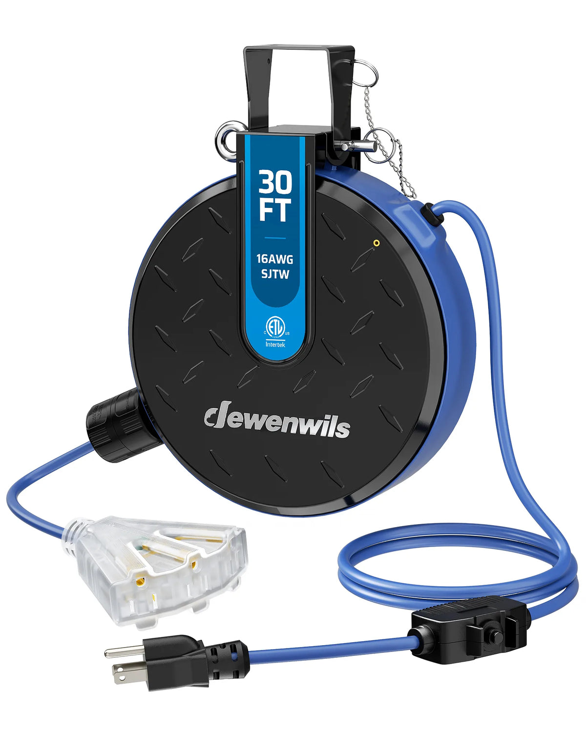 DEWENWILS 30FT Retractable Extension Cord Reel, Ceiling/Wall Mount 16/3 SJTW Power Cord with 3 Outlets Lighted Triple Outlets for Garage Shop, 10 Amp Circuit Breaker, Metal Plate, ETL Listed - HCRE30F -  HCRE30N - HCRE30S -  HCRE30D