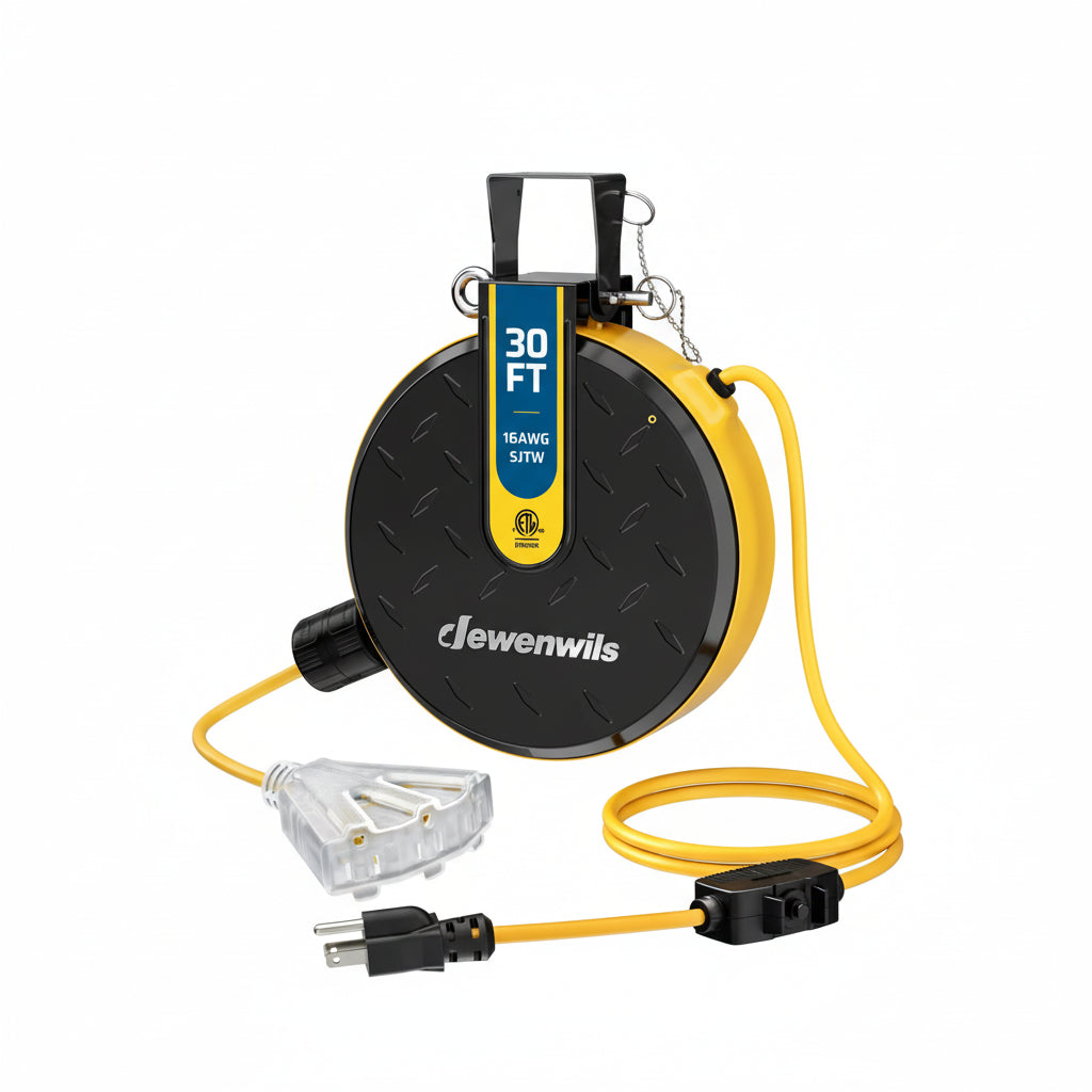 DEWENWILS 30FT Retractable Extension Cord Reel, Ceiling/Wall Mount 16/3 SJTW Power Cord with 3 Outlets Lighted Triple Outlets for Garage Shop, 10 Amp Circuit Breaker, Metal Plate, ETL Listed - HCRE30F -  HCRE30N - HCRE30S -  HCRE30D