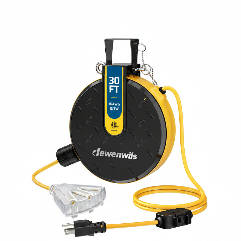 DEWENWILS 30FT Retractable Extension Cord Reel, Ceiling/Wall Mount 16/3 SJTW Power Cord with 3 Outlets Lighted Triple Outlets for Garage Shop, 10 Amp Circuit Breaker, Metal Plate, ETL Listed - HCRE30F -  HCRE30N - HCRE30S -  HCRE30D