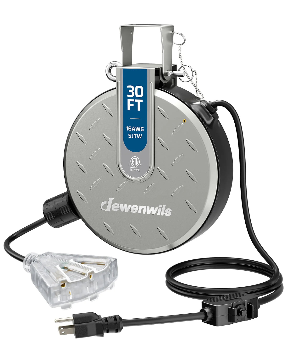 DEWENWILS 30FT Retractable Extension Cord Reel, Ceiling/Wall Mount 16/3 SJTW Power Cord with 3 Outlets Lighted Triple Outlets for Garage Shop, 10 Amp Circuit Breaker, Metal Plate, ETL Listed - HCRE30F -  HCRE30N - HCRE30S -  HCRE30D