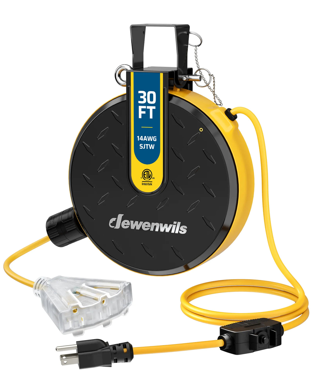 DEWENWILS 30FT Retractable Extension Cord Reel, Ceiling/Wall Mount 16/3 SJTW Power Cord with 3 Outlets Lighted Triple Outlets for Garage Shop, 10 Amp Circuit Breaker, Metal Plate, ETL Listed - HCRE30F -  HCRE30N - HCRE30S -  HCRE30D