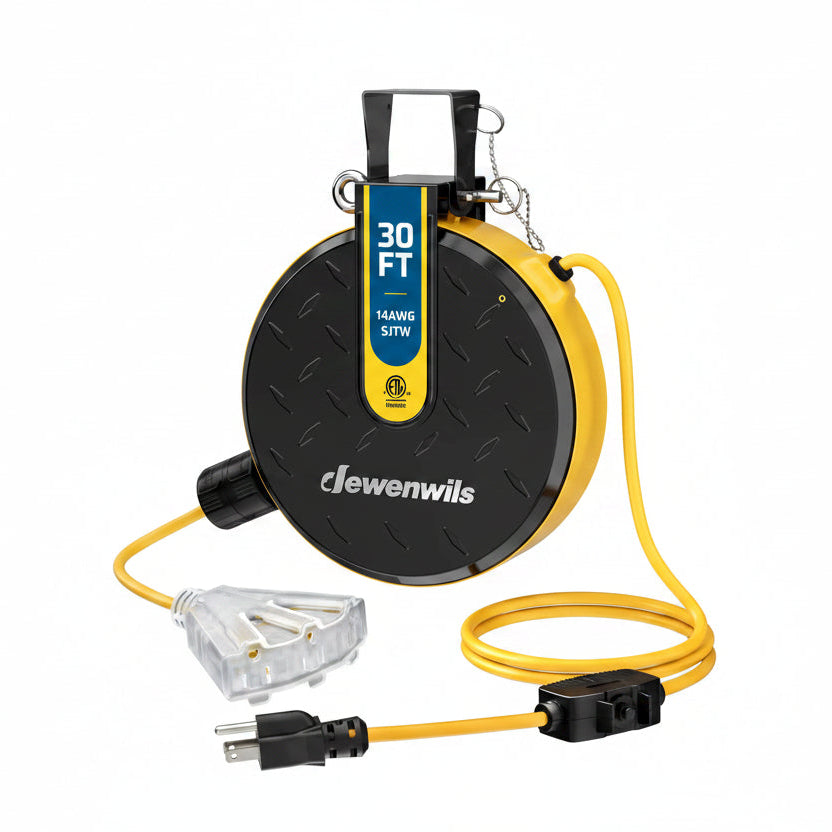 DEWENWILS 30FT Retractable Extension Cord Reel, Ceiling/Wall Mount 14/3 SJTW Power Cord with 3 Outlets Lighted Triple Outlets for Garage Shop, 13 Amp Circuit Breaker, Metal Plate, ETL Listed, Yellow - HCRE30P