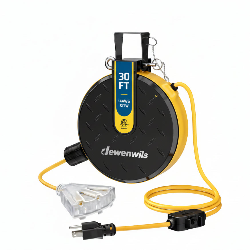 DEWENWILS 30FT Retractable Extension Cord Reel, Ceiling/Wall Mount 14/3 SJTW Power Cord with 3 Outlets Lighted Triple Outlets for Garage Shop, 13 Amp Circuit Breaker, Metal Plate, ETL Listed, Yellow - HCRE30P