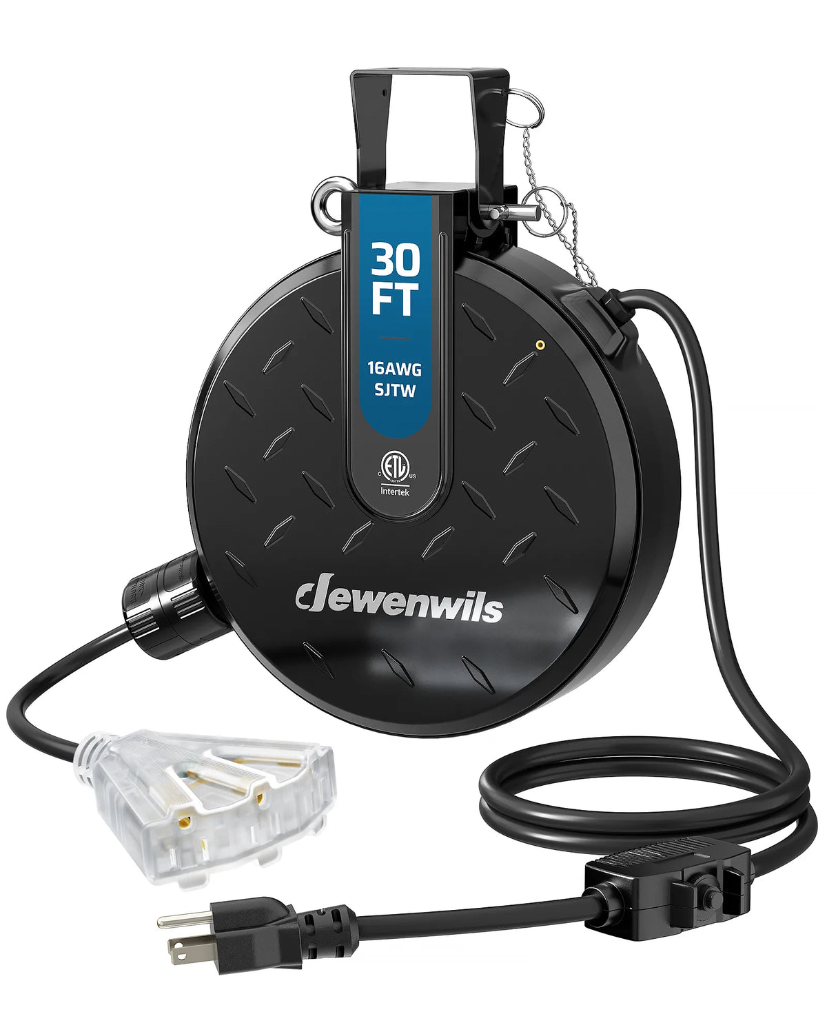 DEWENWILS 30FT Retractable Extension Cord Reel, Ceiling/Wall Mount 16/3 SJTW Power Cord with 3 Outlets Lighted Triple Outlets for Garage Shop, 10 Amp Circuit Breaker, Metal Plate, ETL Listed - HCRE30F -  HCRE30N - HCRE30S -  HCRE30D