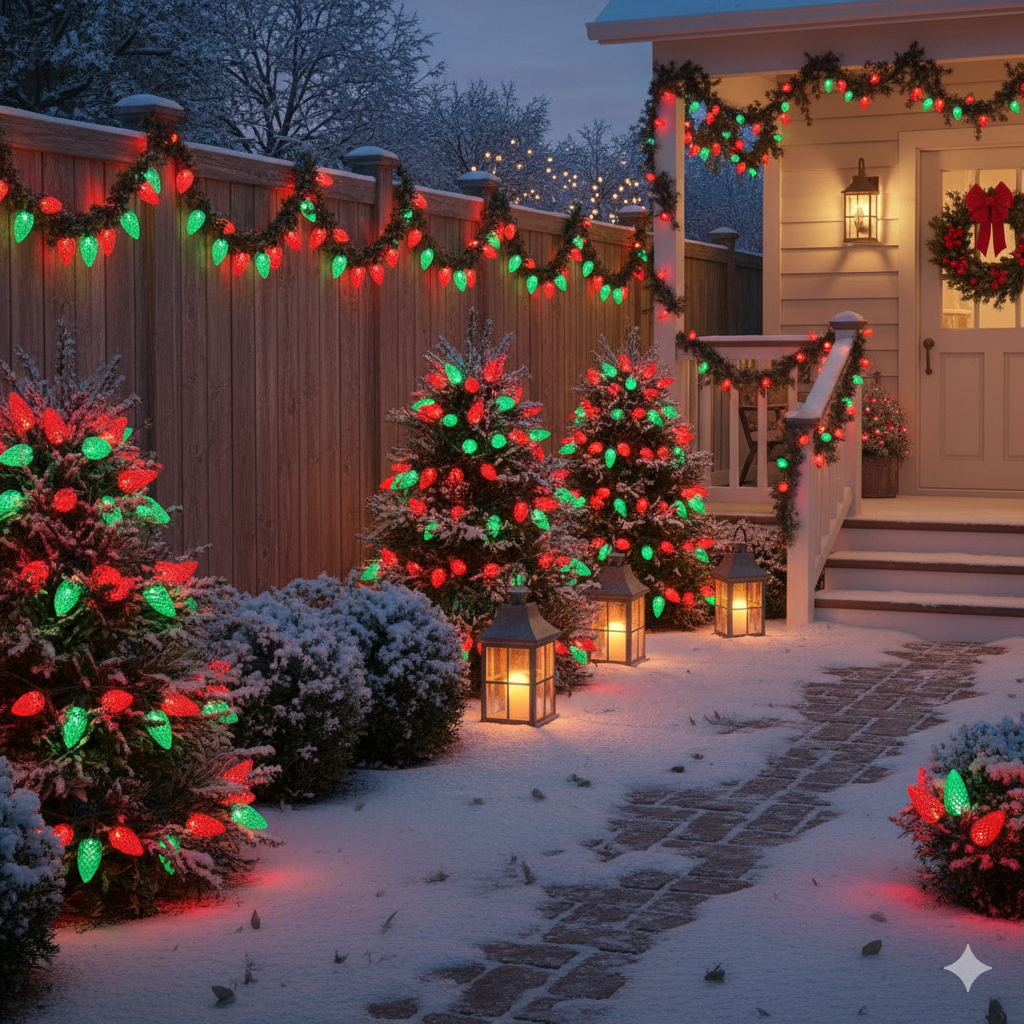 Decorative outdoor Christmas scene with lights, trees, and lanterns on a snowy day.