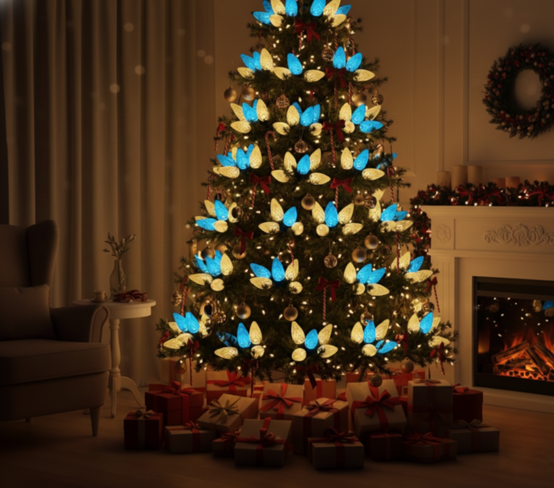 DEWENWILS C9 LED Christmas Lights Outdoor, 33.3ft 50LED Christmas String Lights, Outdoor Decorations for Christmas Tree, Patio, Garden, Yard, Green Wire, Blue & White-HCSL11D