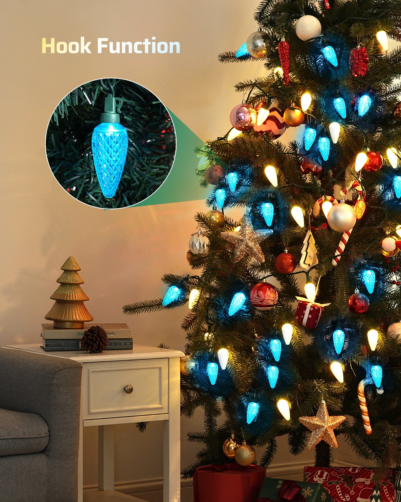 DEWENWILS C9 LED Christmas Lights Outdoor, 33.3ft 50LED Christmas String Lights, Outdoor Decorations for Christmas Tree, Patio, Garden, Yard, Green Wire, Blue & White-HCSL11D