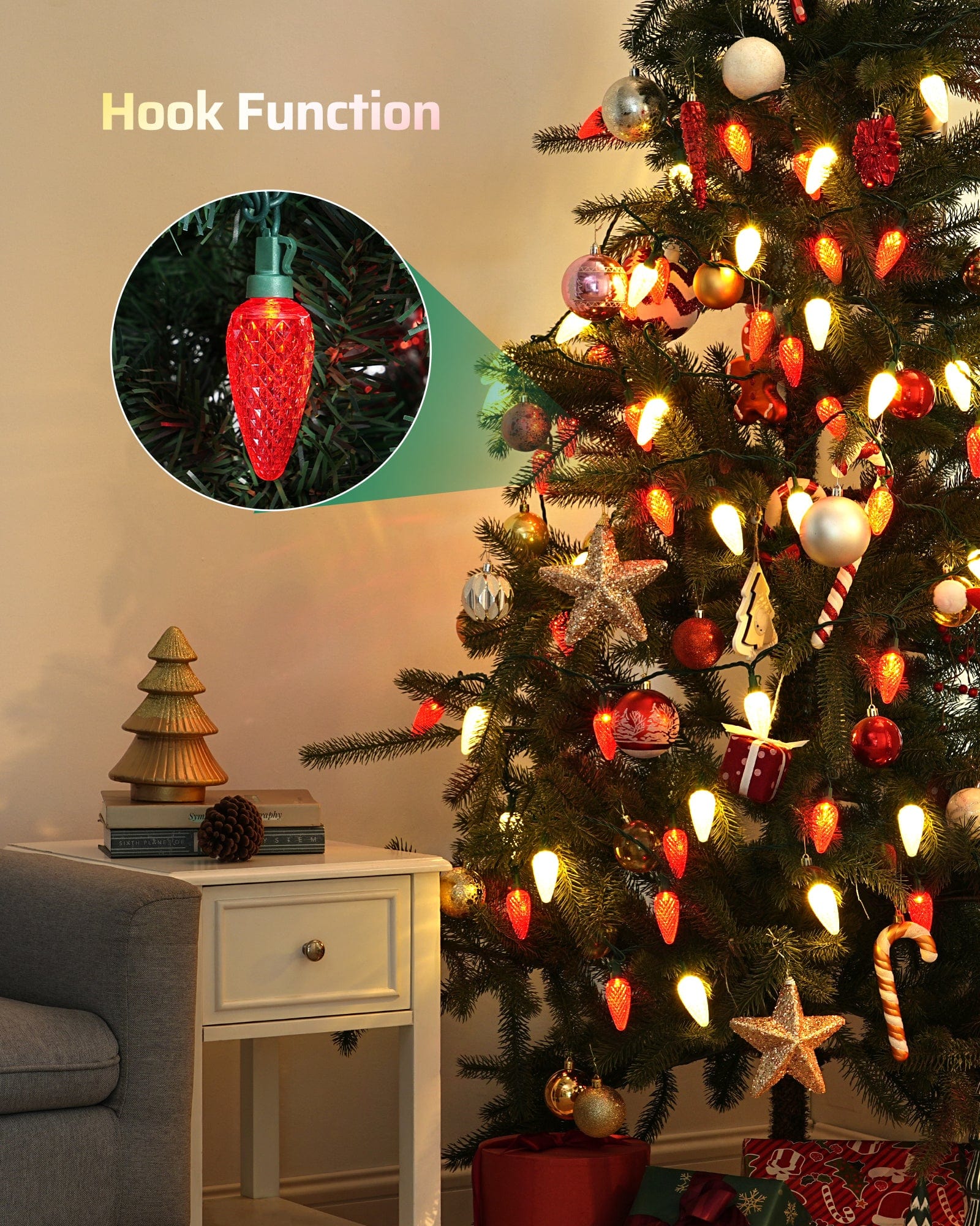 DEWENWILS C9 LED Christmas Lights Outdoor, 33.3ft 50LED Red and White Christmas String Tree Lights, Outdoor Christmas Lights for House, Christmas Tree, Patio, Garden, Yard, Green Wire, Red & White-HCSL11W