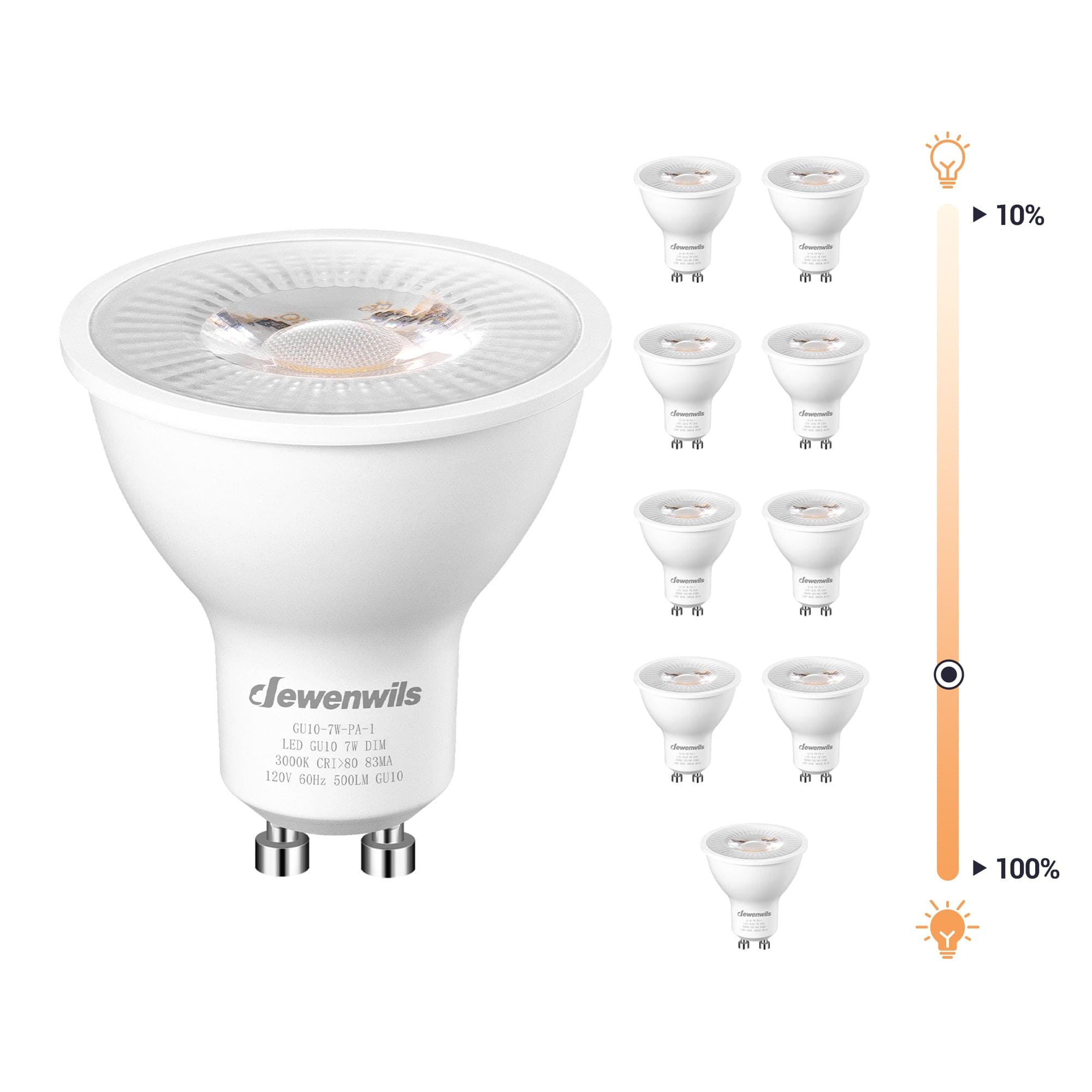 DEWENWILS Warm White Light 10-Pack GU10 LED Bulb Dimmable, 500LM, 3000K GU10 Bulb Replacement for Track Lighting, 7W(50W Equivalent) LED Bulbs for Kitchen, Range Hood, Living Room, Bedroom-HDGU10A