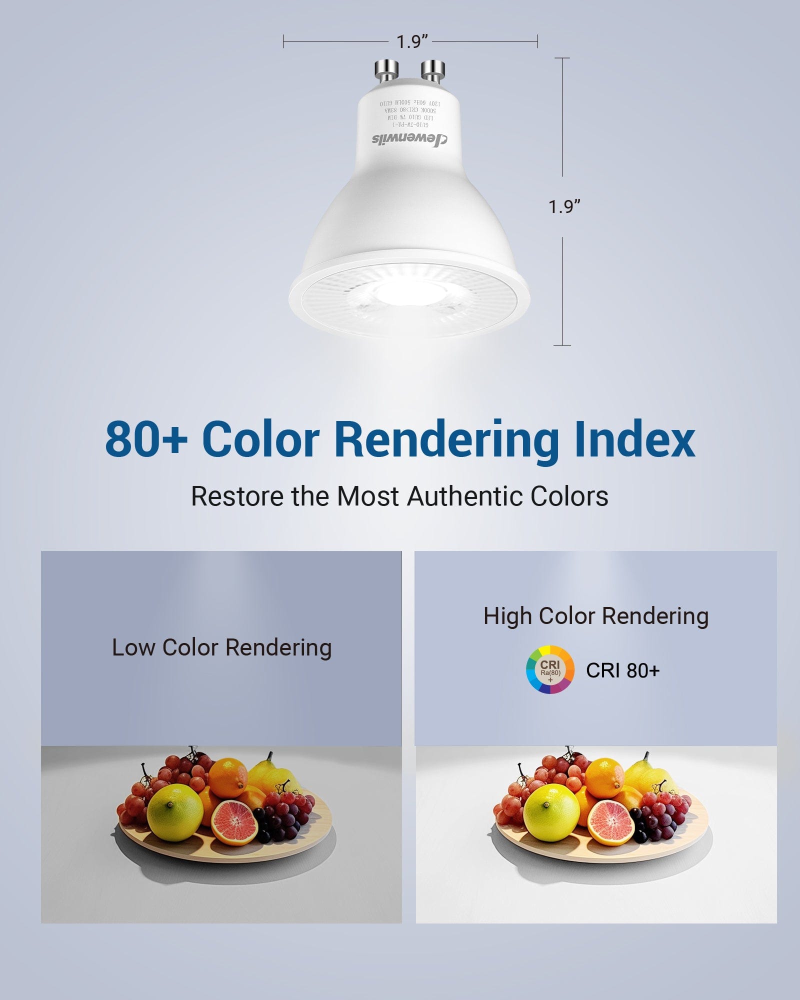 GU10 Dimmable LED Bulb: CRI80+ high color rendering restores authentic natural colors, delivering accurate and vivid lighting compared to low color rendering for better visual clarity and everyday use