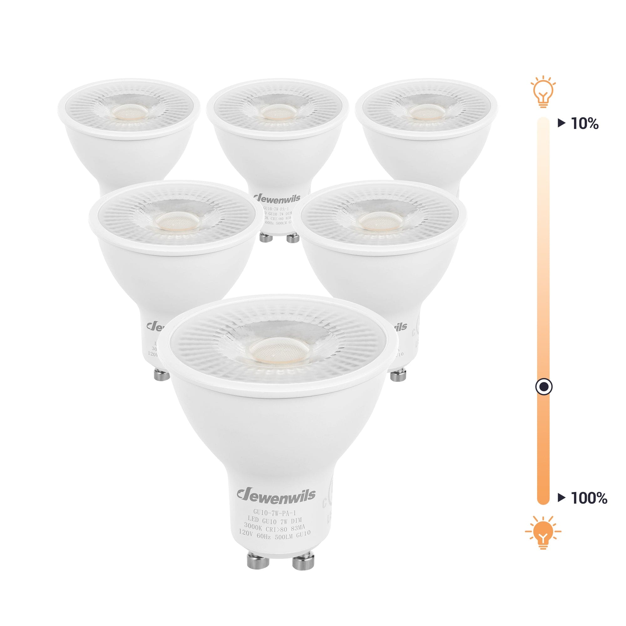 DEWENWILS Warm White Light GU10 LED Dimmable Bulb, 500LM, 3000K Track Light Bulb, 7W(50W Equivalent) Two Prong Light Bulb for Kitchen Range Hood, Living Room, Bathroom, Bedroom (6 Pack)-HDGU10E