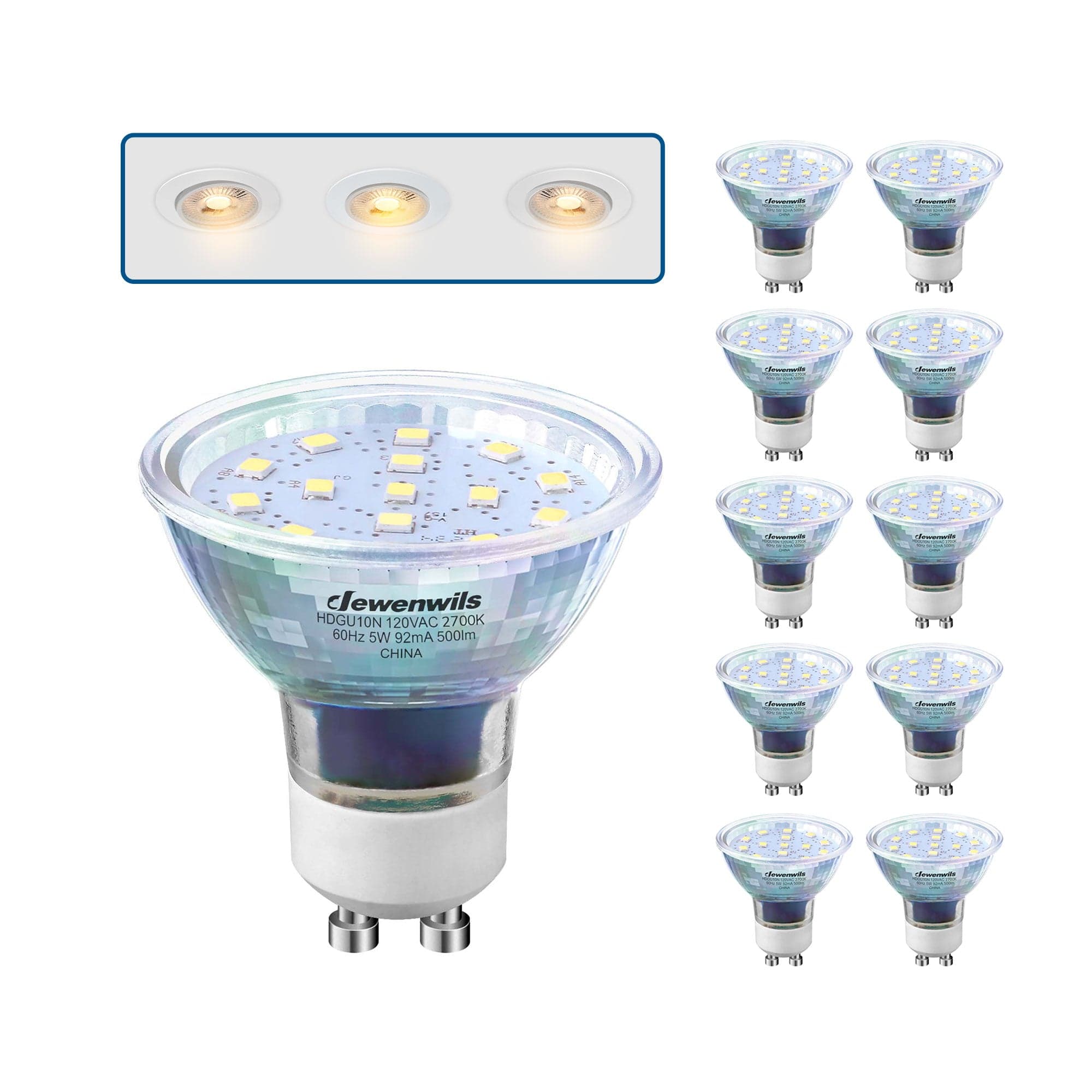 DEWENWILS Warm White Light GU10 LED Bulb Dimmable, 2700K  Two Prong Light Bulb, 5W(50W Equivalent), Track Light Bulbs for Kitchen Range Hood, Living Rroom, 120°Beam Angle, 500LM (10 Pack)-HDGU10N