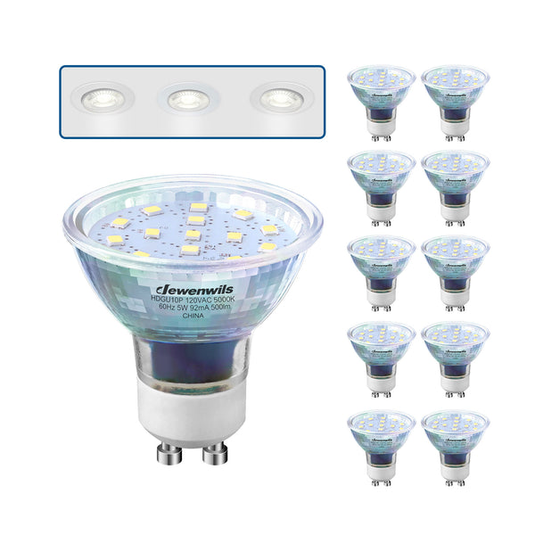 DEWENWILS Daylight GU10 LED Bulb Dimmable, 5000K , 5W(50W Equivalent), Track Light Bulbs with 120°Beam Angle for Range Hood, Living Rroom, Bathroom, 500LM, 10 Pack-HDGU10P