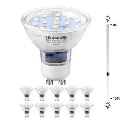 DEWENWILS Daylight GU10 LED Bulb Dimmable, 5000K , 5W(50W Equivalent), Track Light Bulbs with 120°Beam Angle for Range Hood, Living Rroom, Bathroom, 500LM, 10 Pack-HDGU10P