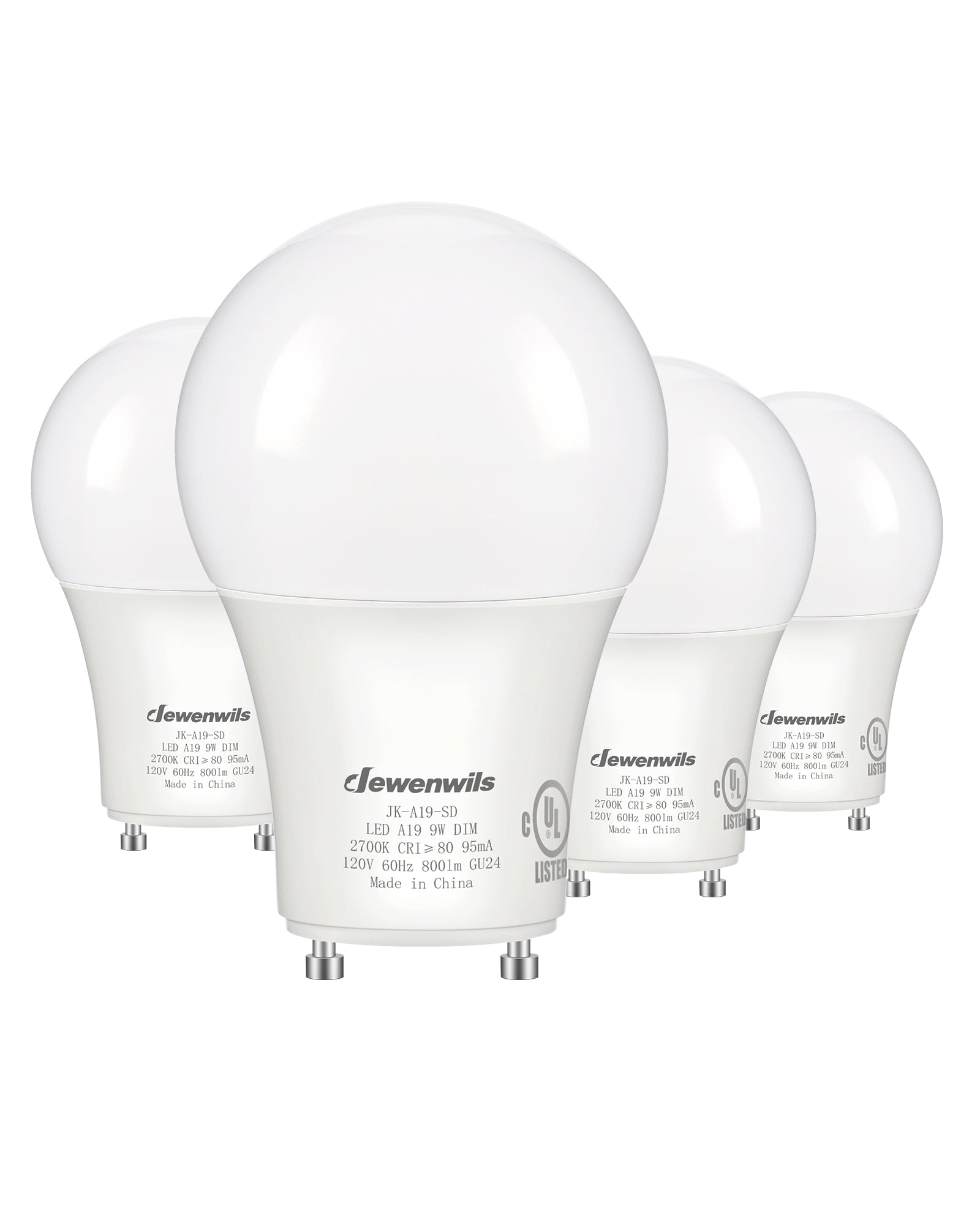 DEWENWILS GU24 LED Light Bulb, 60W Equivalent, Dimmable 2 Prong Light Bulbs, 2700K Warm White, 9W 800 Lumens, A19 Shape Bulbs, GU24 Twist Lock Base, 4 Pack-HDGU24A
