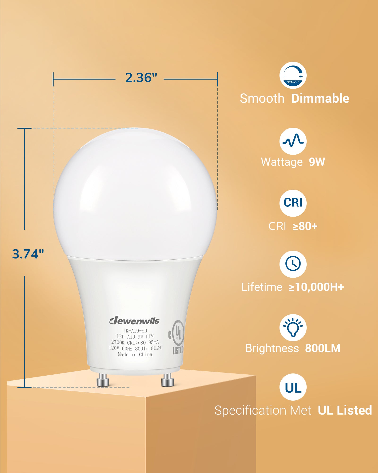 DEWENWILS GU24 LED Light Bulb, 60W Equivalent, Dimmable 2 Prong Light Bulbs, 2700K Warm White, 9W 800 Lumens, A19 Shape Bulbs, GU24 Twist Lock Base, 4 Pack-HDGU24A
