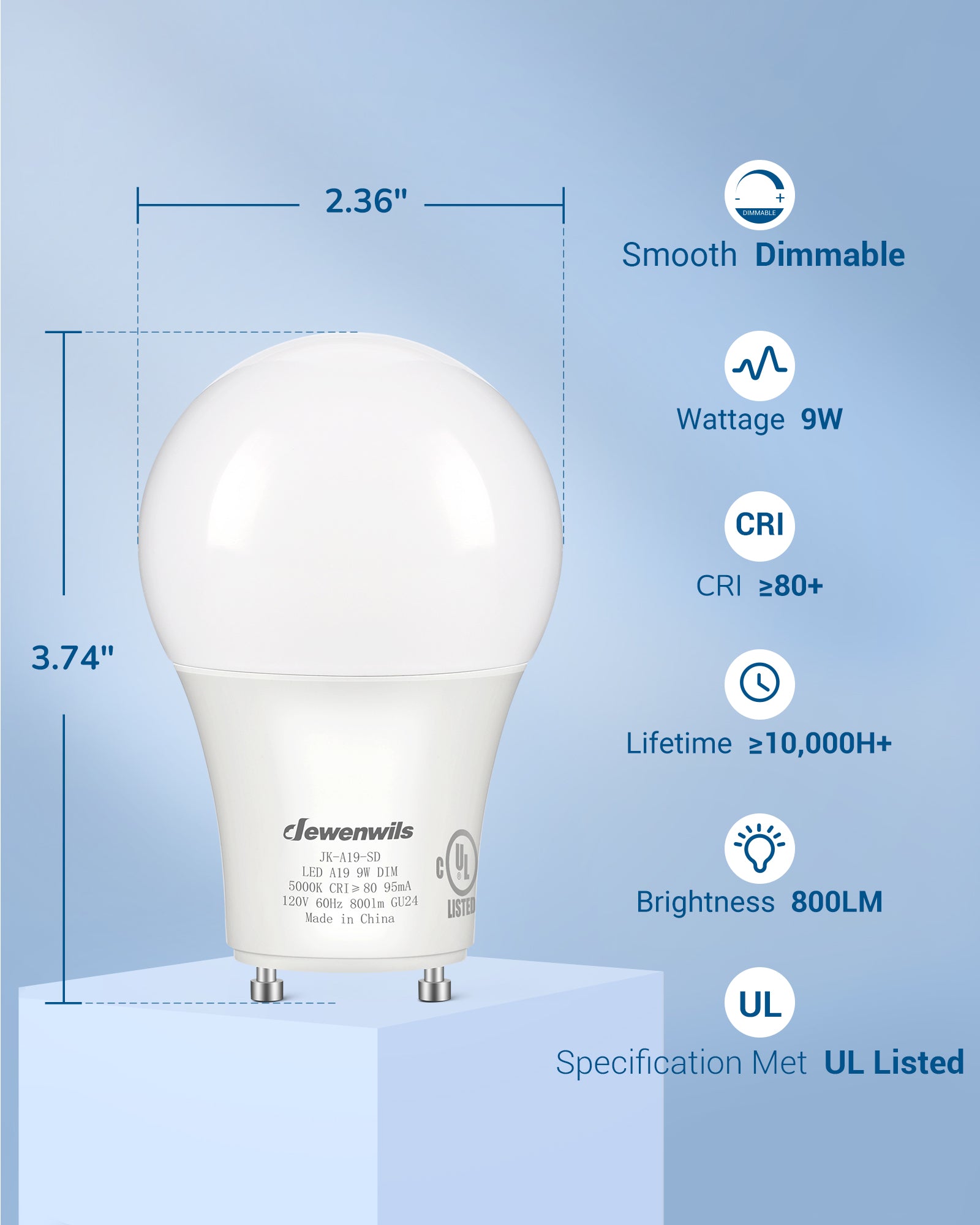 DEWENWILS GU24 LED Light Bulb, 60W Equivalent, Dimmable 2 Prong Light Bulbs, 5000K Daylight White, 9W 800 Lumens, A19 Shape Bulbs, GU24 Twist Lock Base (4 Pack)-HDGU24B