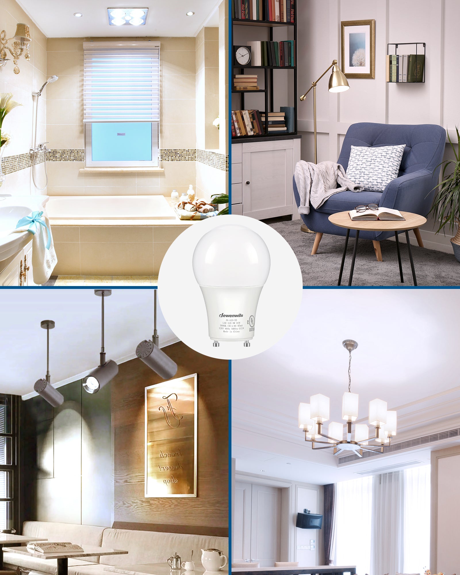 DEWENWILS GU24 LED Light Bulb, 60W Equivalent, Dimmable 2 Prong Light Bulbs, 5000K Daylight White, 9W 800 Lumens, A19 Shape Bulbs, GU24 Twist Lock Base (4 Pack)-HDGU24B