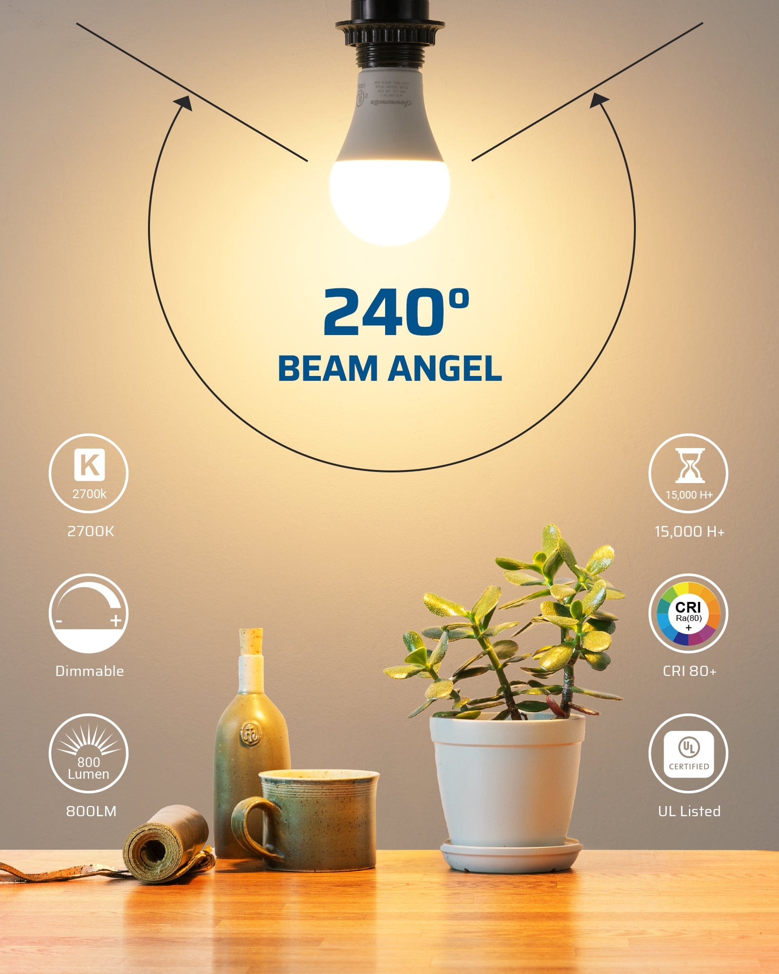 Dimmable Light Bulb: 800 lumen 2700K warm white lighting with 240° beam angle, CRI 80+ color accuracy, UL listed safety, 15,000+ hour lifespan, and dimmable performance for efficient everyday illumination