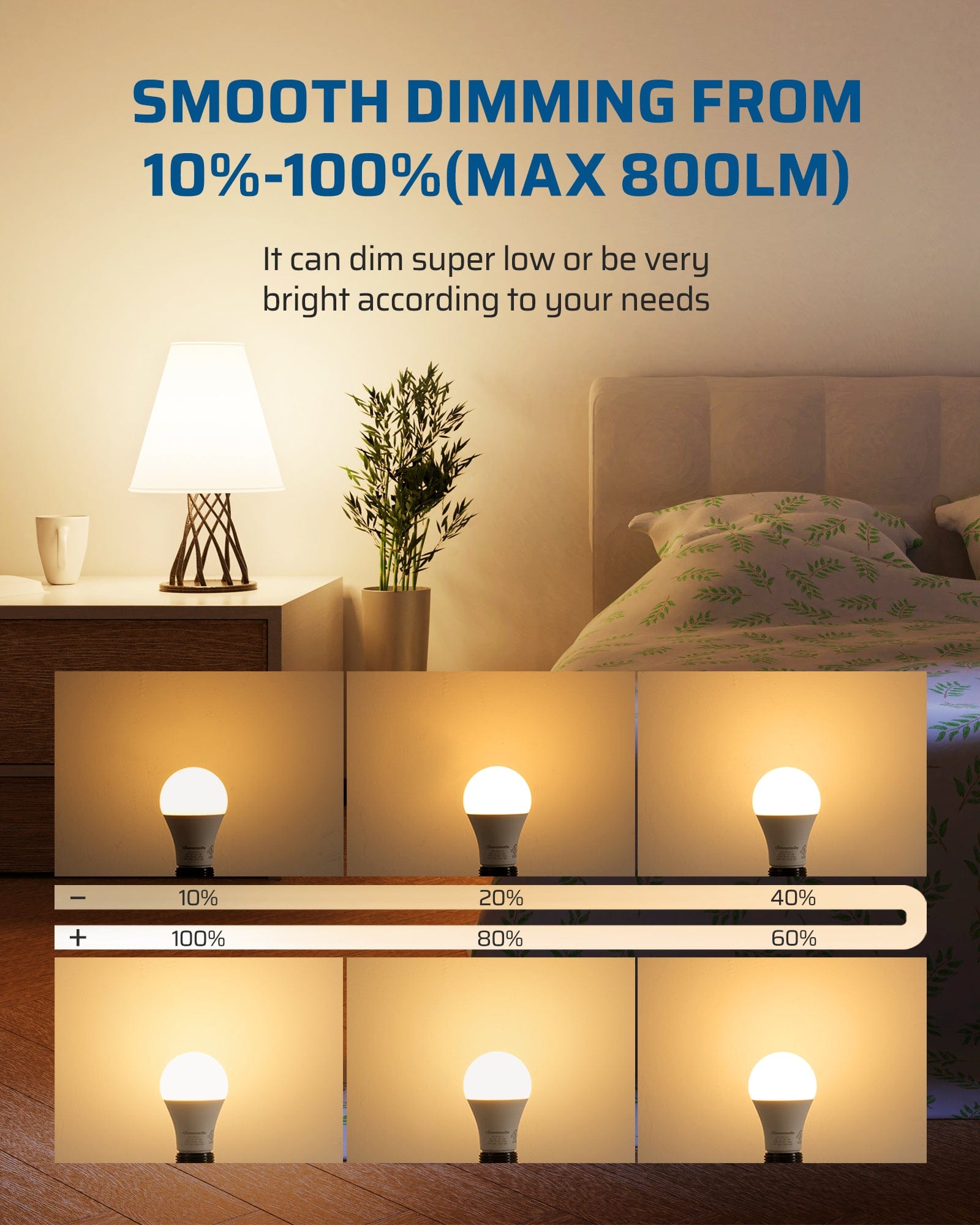 Dimmable Light Bulb: smooth 10%–100% dimming control (max 800LM), allowing ultra-low to high brightness adjustment to match your lighting needs for flexible and comfortable everyday illumination