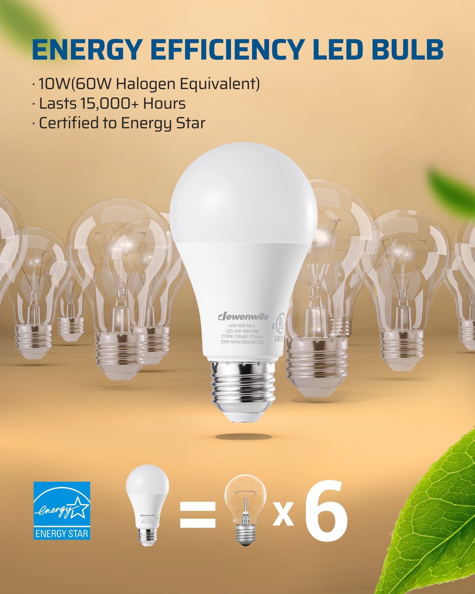 Dimmable Light Bulb: energy-efficient 10W (60W halogen equivalent) LED bulb with 15,000+ hours lifespan and Energy Star certified performance for reliable, long-lasting, and cost-saving everyday lighting