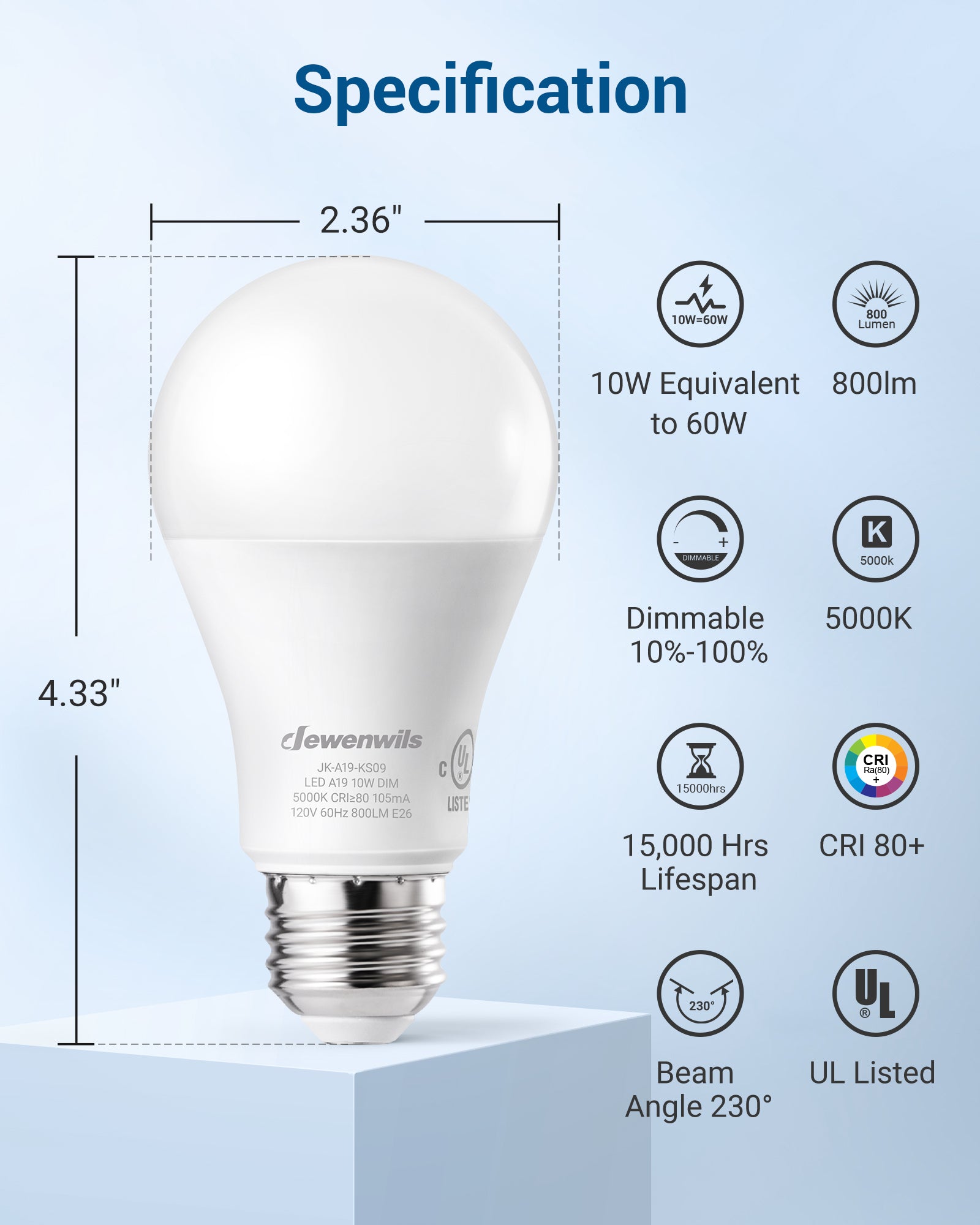 DEWENWILS 4-Pack A19 Dimmable LED Light Bulbs,10-Watt(60W Equivalent), 5000K Daylight, 800-Lumen, E26 Dim Light Bulb-HDLA19D