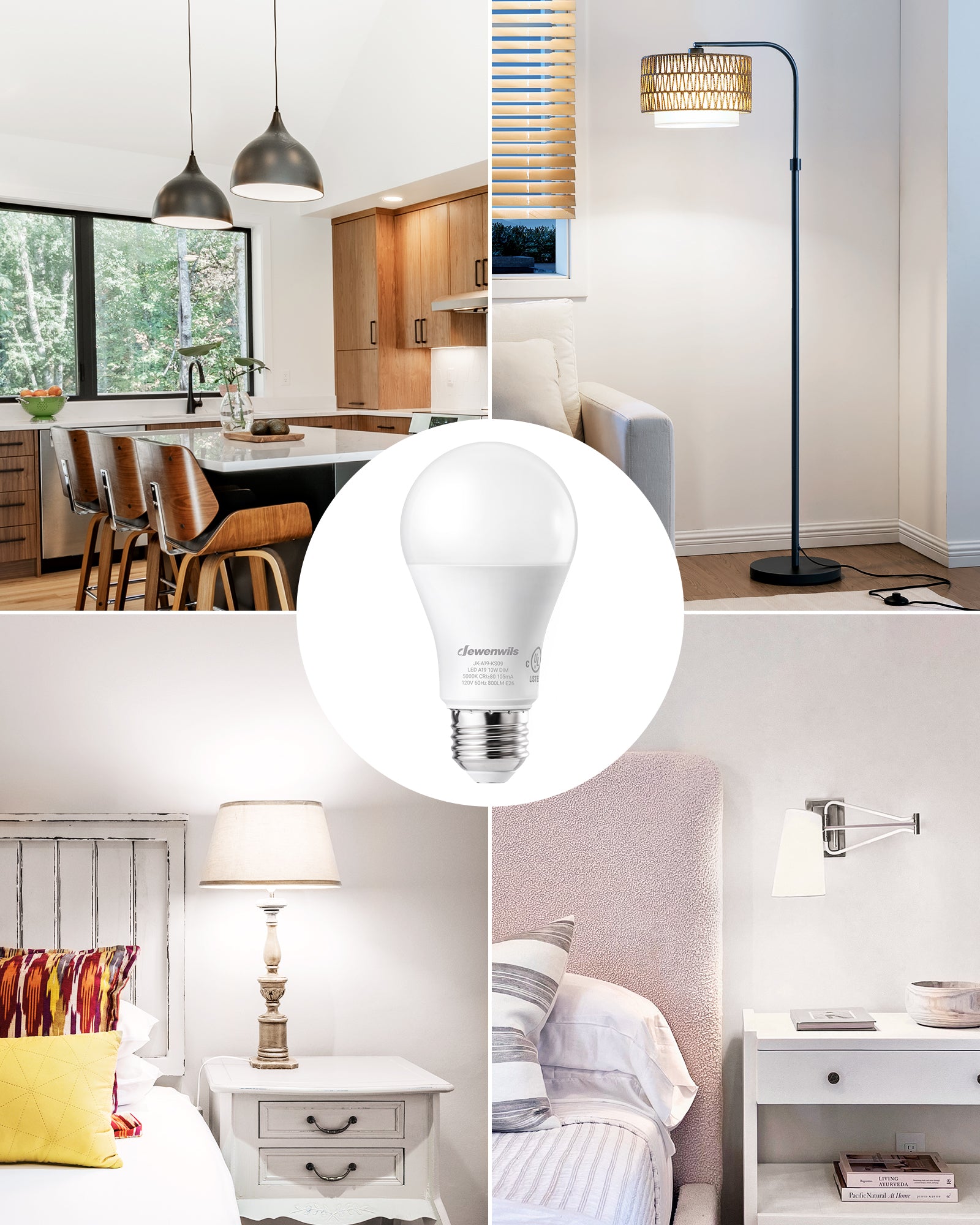 DEWENWILS 4-Pack A19 Dimmable LED Light Bulbs,10-Watt(60W Equivalent), 5000K Daylight, 800-Lumen, E26 Dim Light Bulb-HDLA19D