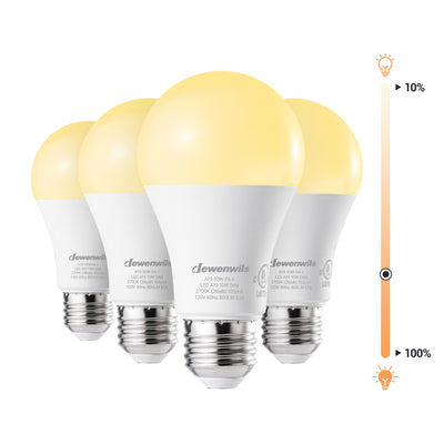 DEWENWILS 4-Pack Dimmable LED A19 Light Bulb, Soft White Light with Warm Glow, 800 Lumen, 2700K, 10W (60 Watt Equivalent), E26 Medium Screw Base-HDLA19B-1