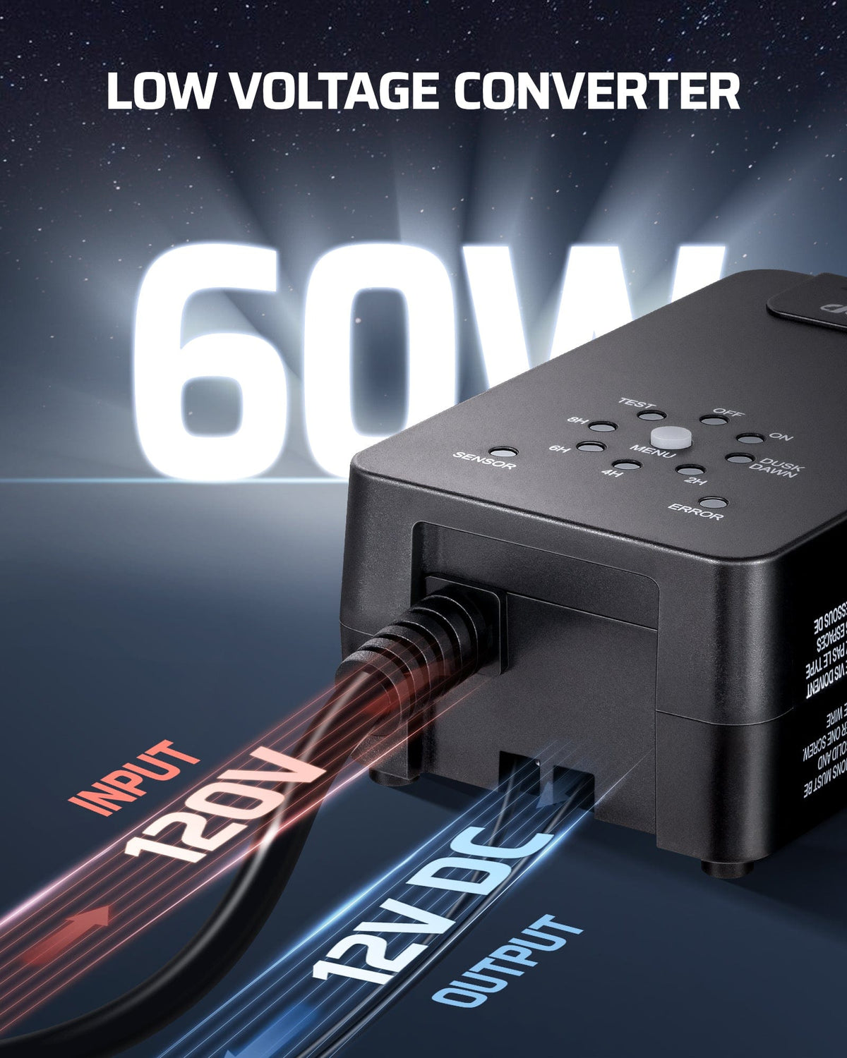 DEWENWILS 60W Low Voltage Transformer converts 120V AC input to 12V DC output for safe and efficient outdoor lighting