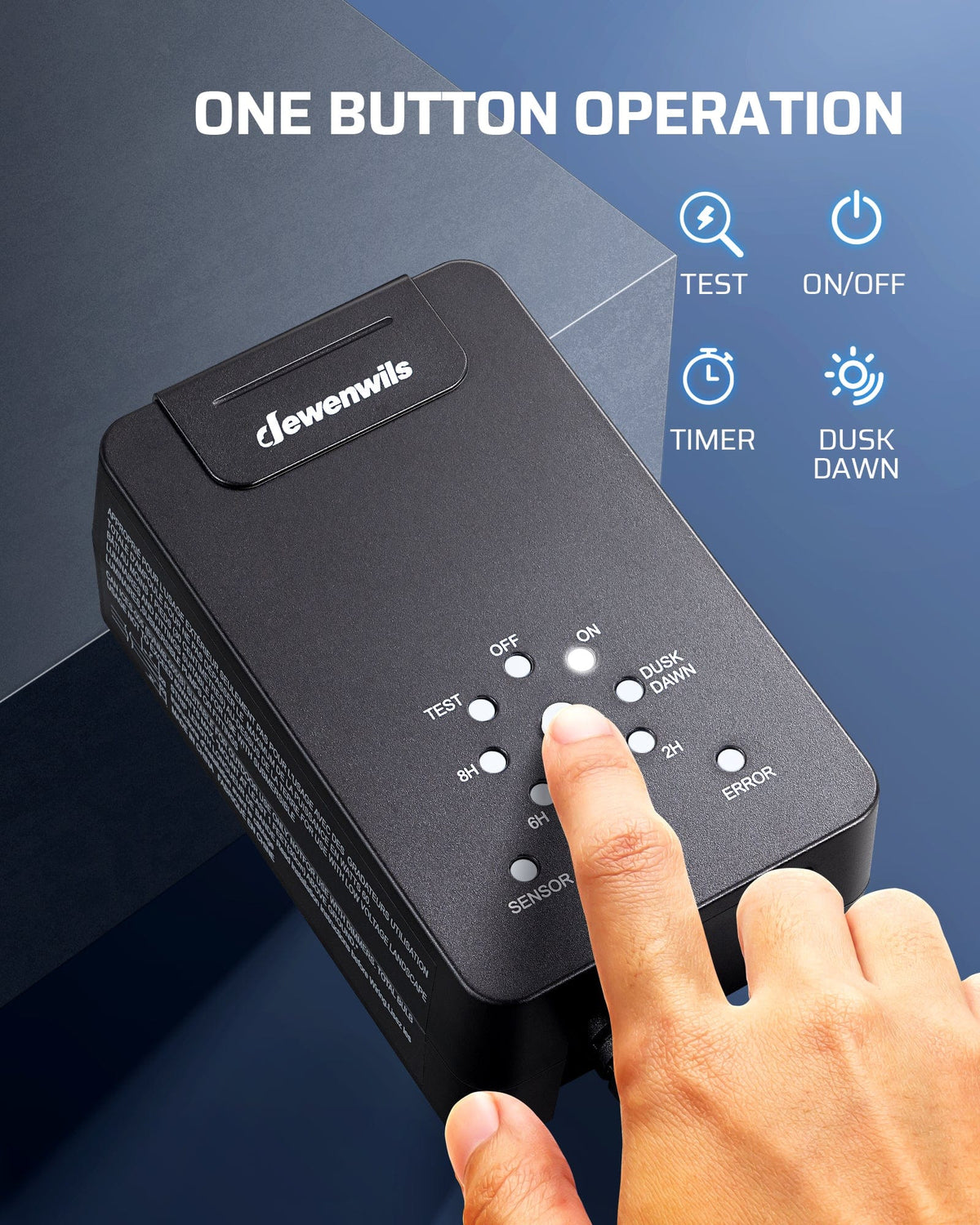 DEWENWILS 60W Low Voltage Transformer supports one-button operation for timer, on/off, and dusk-to-dawn modes