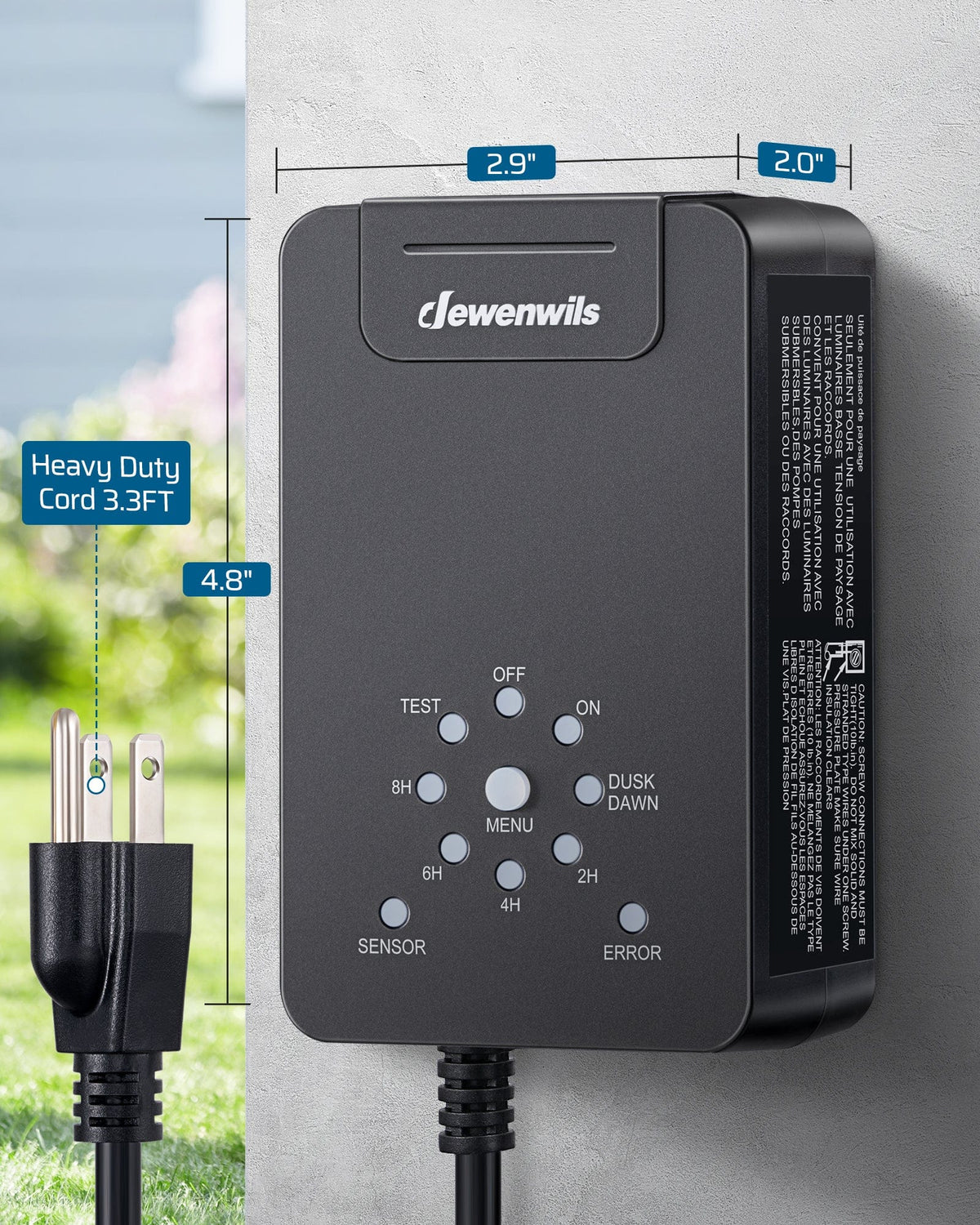 DEWENWILS 60W Low Voltage Transformer measures 2.9 in × 2.0 in × 4.8 in and comes with a 3.3 ft heavy duty cord