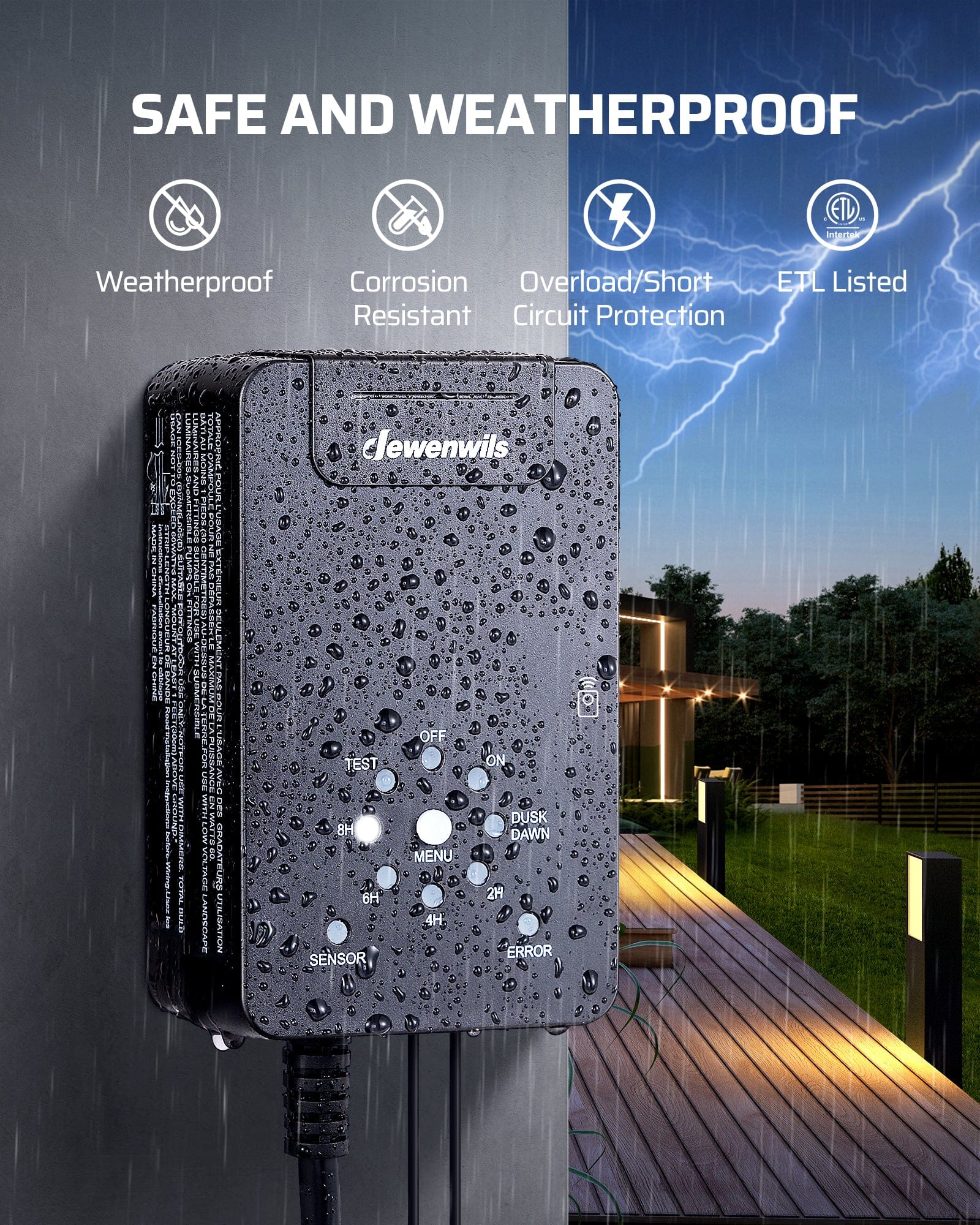 DEWENWILS 60W Low Voltage Transformer is safe and weatherproof, featuring corrosion resistance, overload/short-circuit protection, and ETL-listed reliability