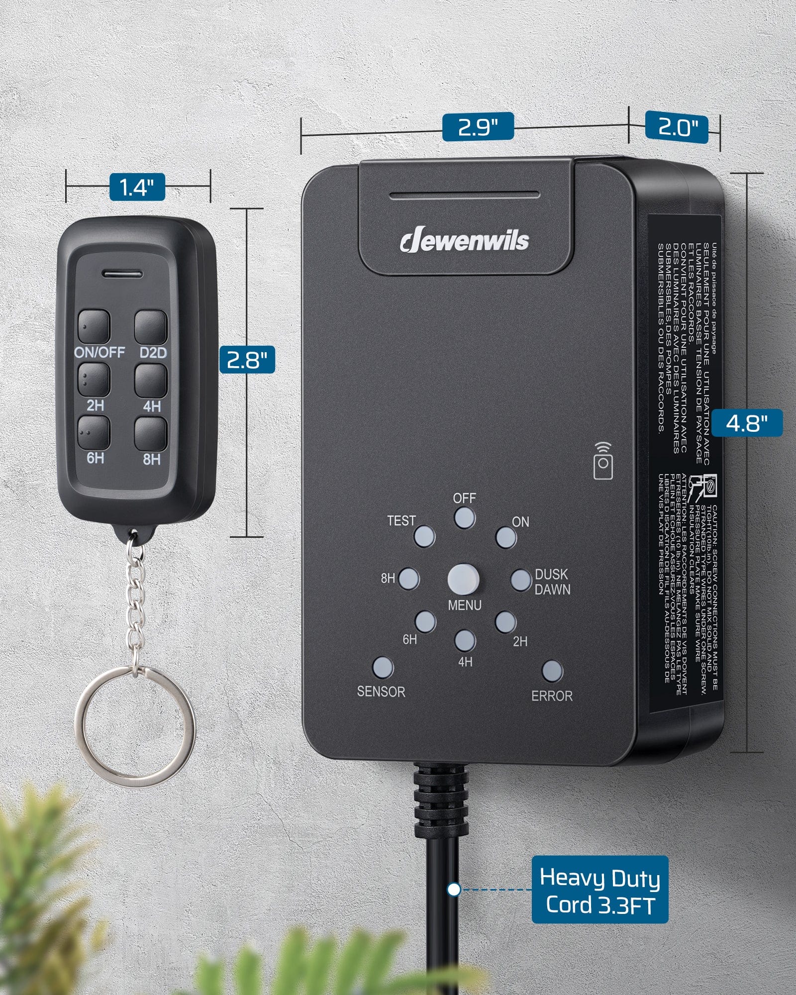 DEWENWILS 60W Low Voltage Transformer Compact design: 2.9in L × 2.0in W × 4.8in H, includes 3.3FT heavy duty cord for easy outdoor installation