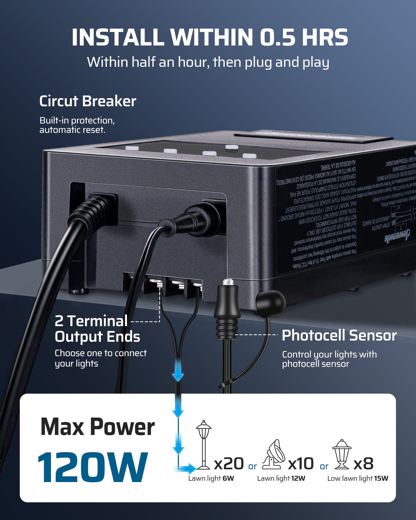 DEWENWILS 120W Low Voltage Transformer Easy Installation Within 0.5 Hours Plug And Play