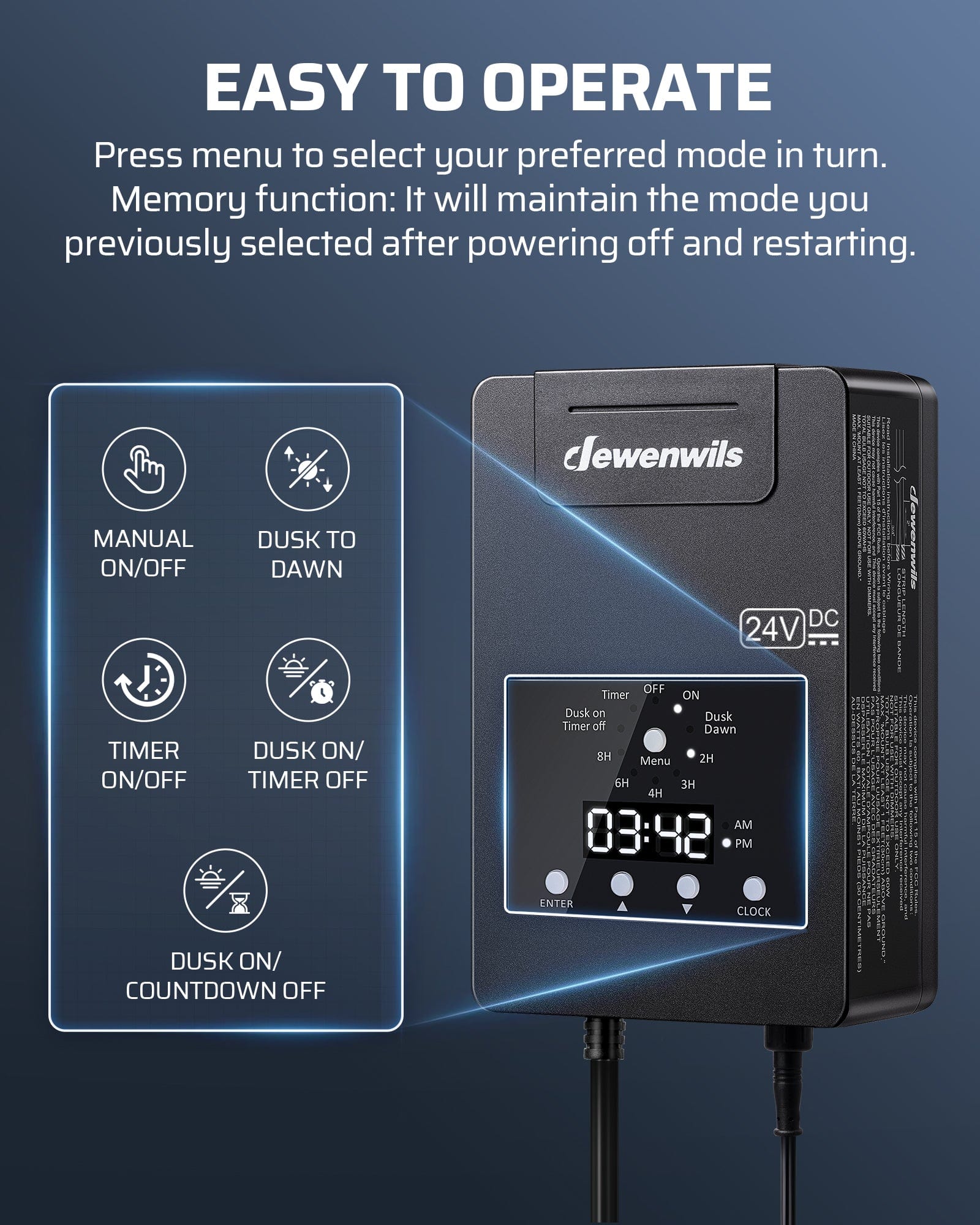 DEWENWILS 120W Low Voltage Transformer is easy to operate with press-to-select modes and memory function that retains your last setting after power off