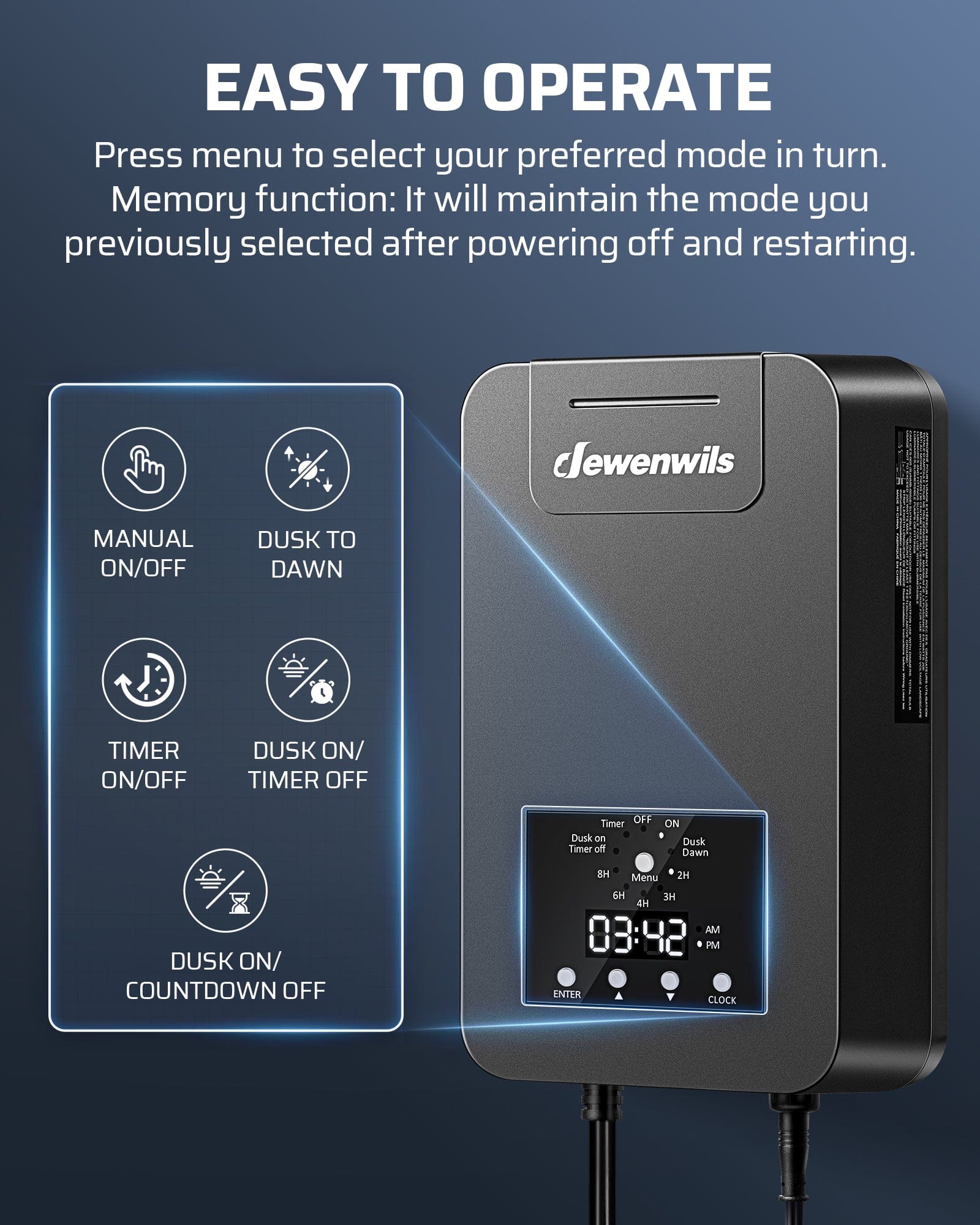 DEWENWILS 200W Low Voltage Transformer with easy menu mode selection and memory function that restores your last setting after power cycling