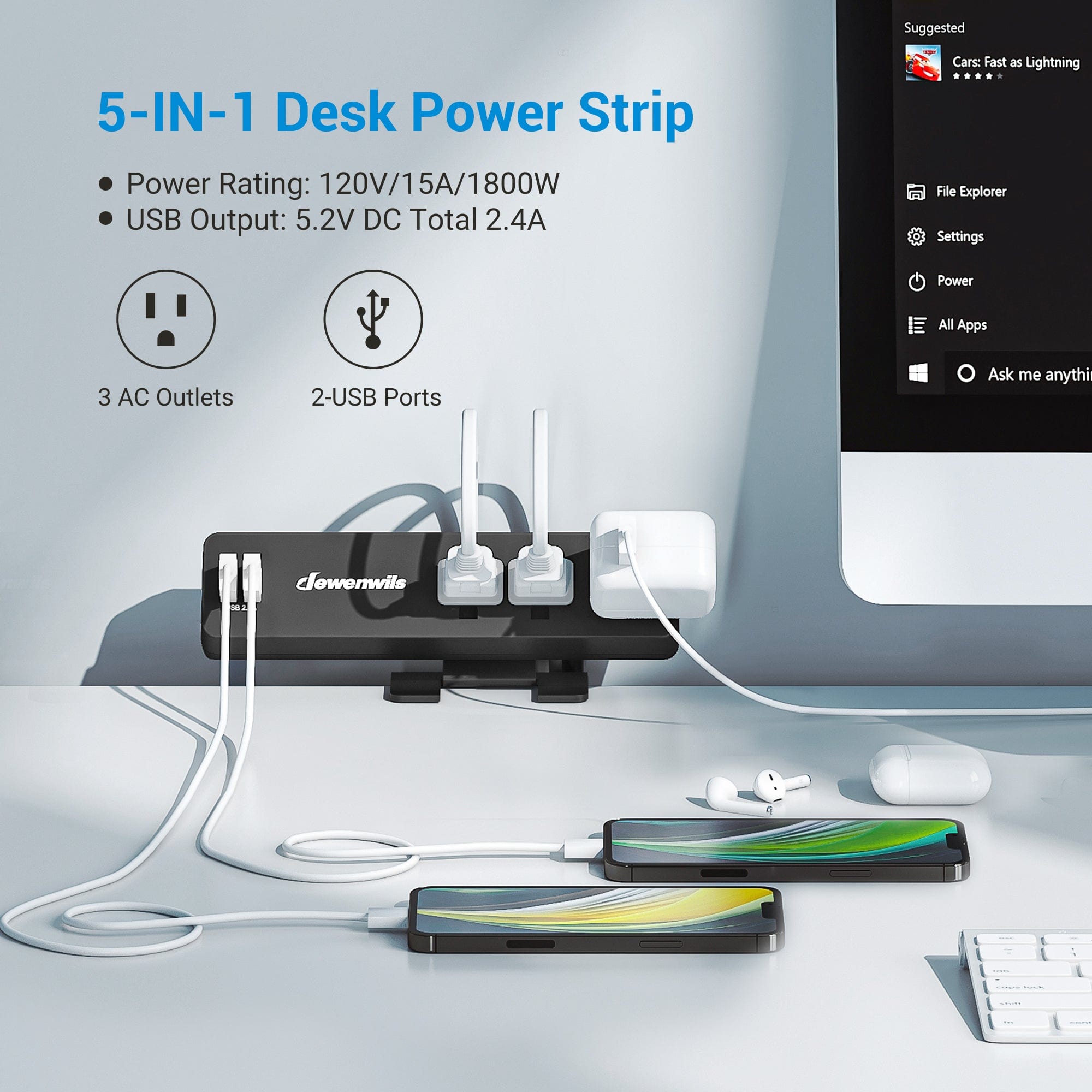 DEWENWILS Desk Clamp Power Strip, Desktop Power Station with 3 AC Outlets(15A/1800W), 2 USB Ports, Desk Mount Power Outlet for Home, Office, 6Ft 14/3C SJT Extension Cord-HDPS01A