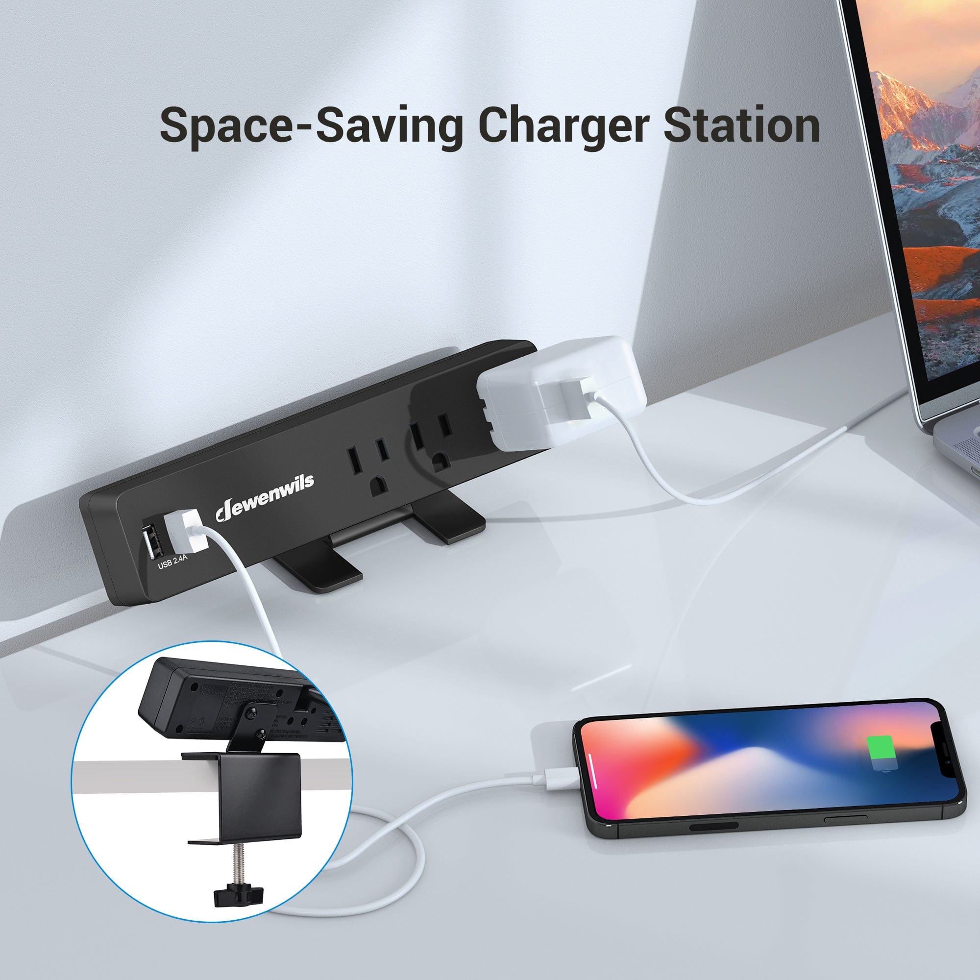 DEWENWILS Desk Clamp Power Strip, Desktop Power Station with 3 AC Outlets(15A/1800W), 2 USB Ports, Desk Mount Power Outlet for Home, Office, 6Ft 14/3C SJT Extension Cord-HDPS01A