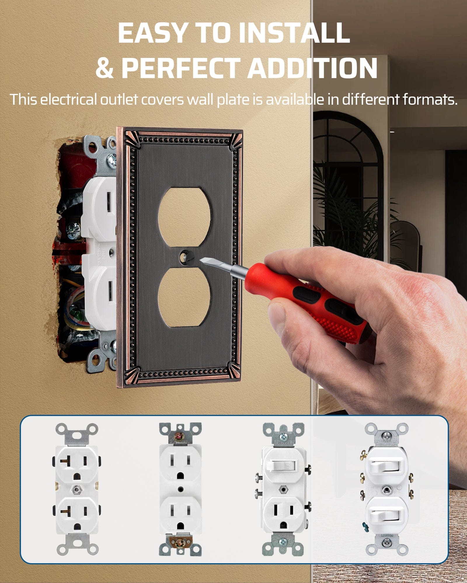 DEWENWILS 2 Pack Zinc Alloy Wall Plate Covers, 4.94"×3.03" Single Duplex Outlet Cover, Oil Rubbed Bronze Finish Light Switch Plate Cover, Sunken Pearls Decorative Wall Plates Electrical Outlet Cover-HDWP04B